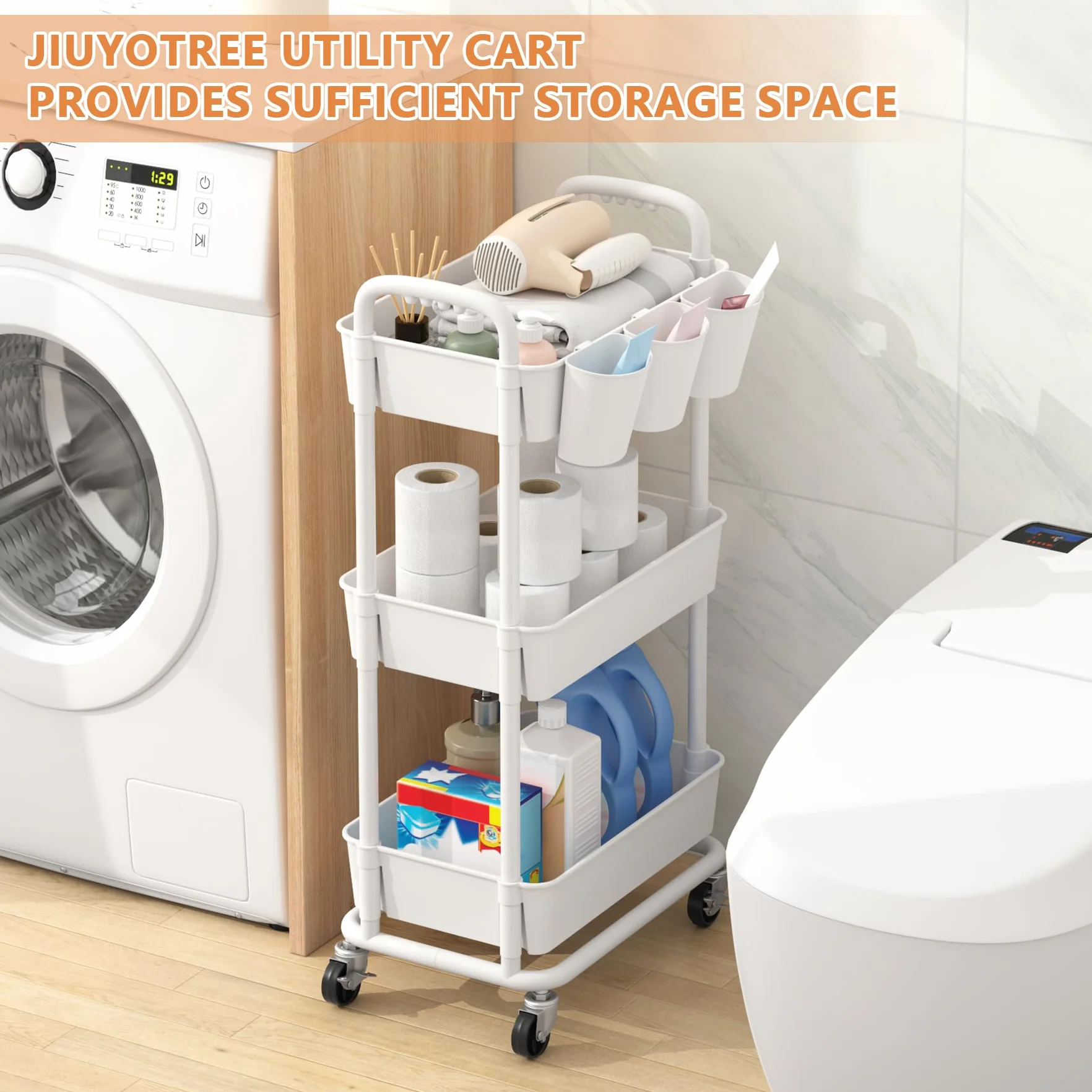 JIUYOTREE 3-poziomowy plastikowy wózek do przechowywania, wózek użytkowy z dodatkowymi wiszącymi kubkami, uchwytami, zamykane kółka, do salonu, łazienki, kuchni, biura, biały