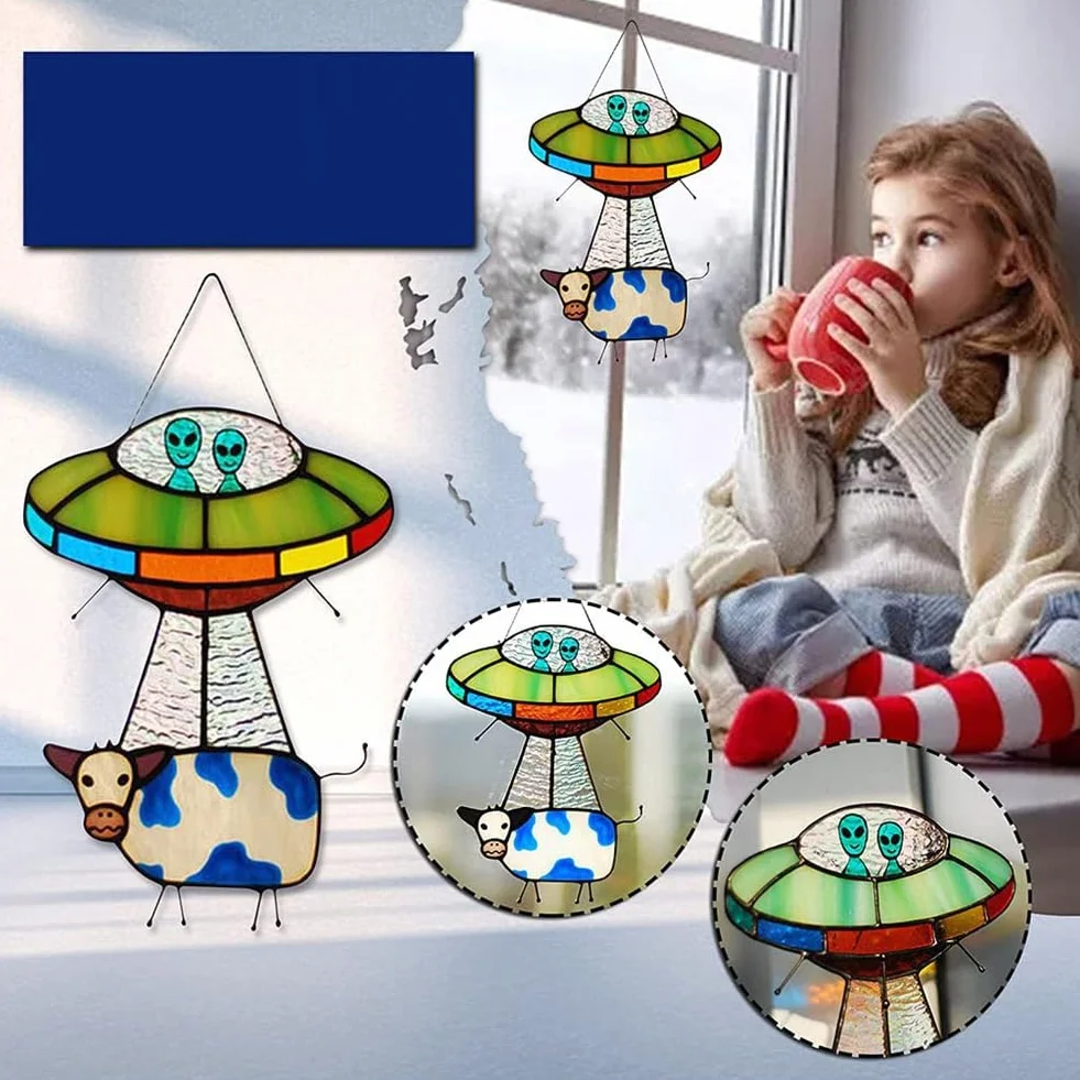 UFO Malowane Witraż Wiszący Panel Drzwi Wiszące Ogród Wystrój Cętkowany B