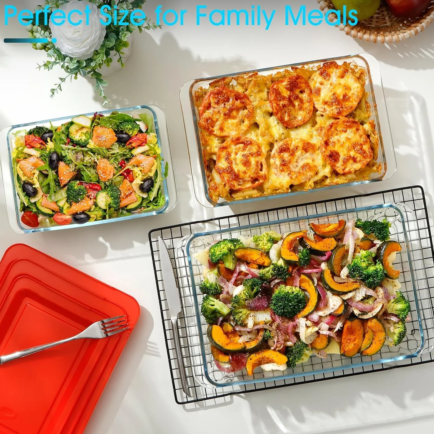 NUTRIUPS Zestaw 3 głębokich szklanych naczyń do pieczenia z plastikowymi pokrywkami, głęboka lasagne, do piekarnika, prostokątne szklane naczynia do pieczenia 1,4 + 2,3 + 3,5 l