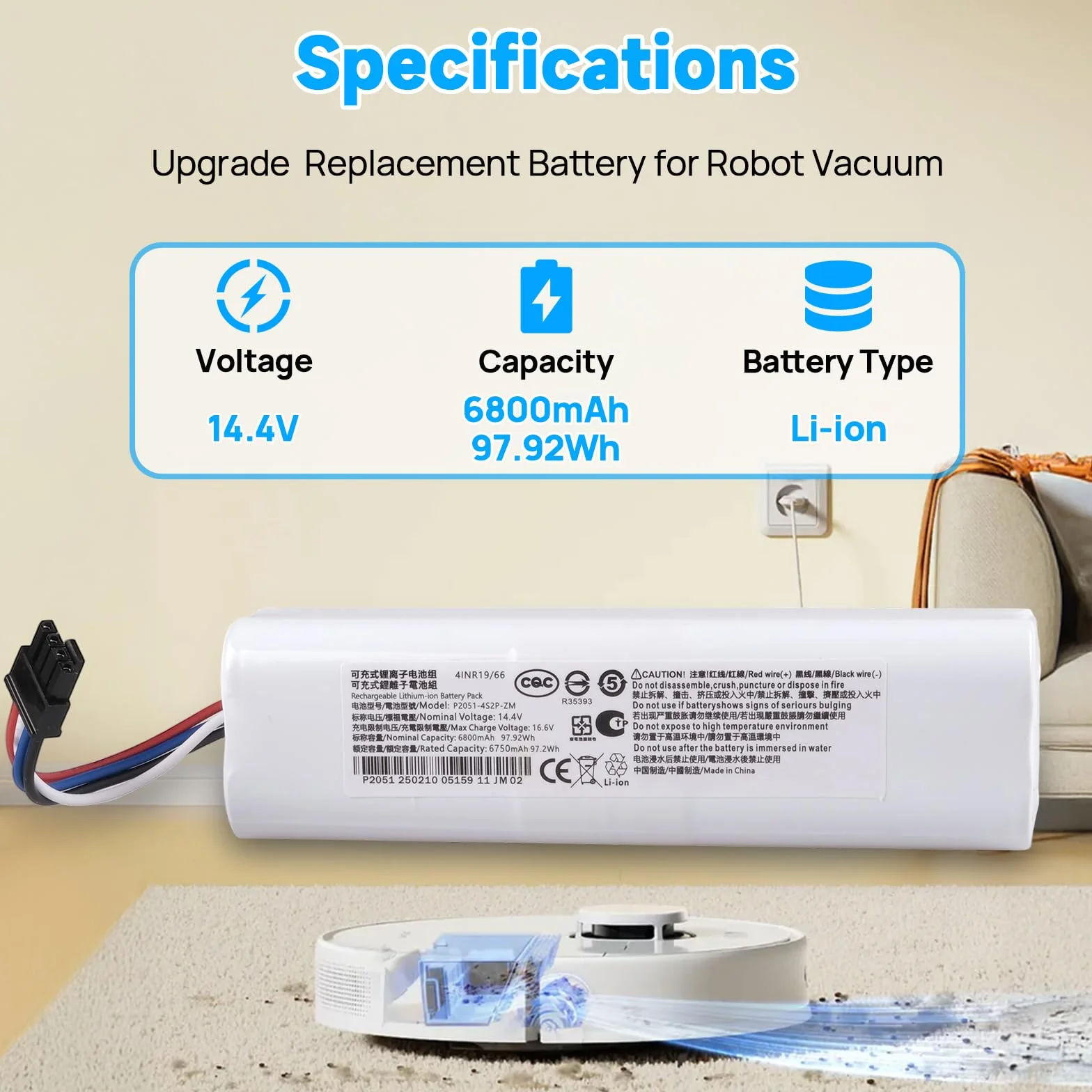 Akumulator 6800 mAh kompatybilny z Dreame D9 D9 Pro D9 Max, D10 D10S D10 Plus, L10 L10S L10 Pro L10 Plus, F9, Z10 Z10 Pro, Xiaomi Roborock S5 S6 S7, Mijia 1T, X10 robot odkurzający P2000 8-4S2 P-MMBK