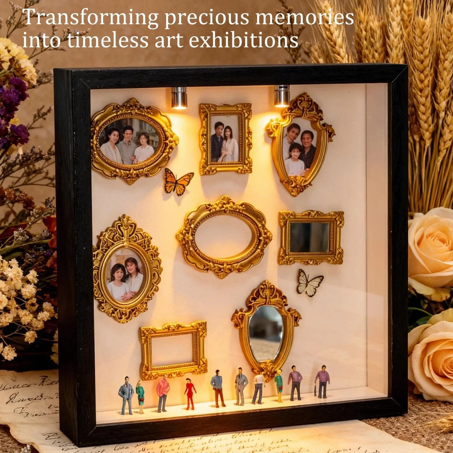 Mini muzeum DIY Silhouette Box, zestaw do ekspozycji zdjęć i wspomnień z 8 mini złotymi ramkami, 10 mini figurkami ludzi, kreatywna ramka na zdjęcia do wypełnienia z oświetleniem LED, na rocznicę
