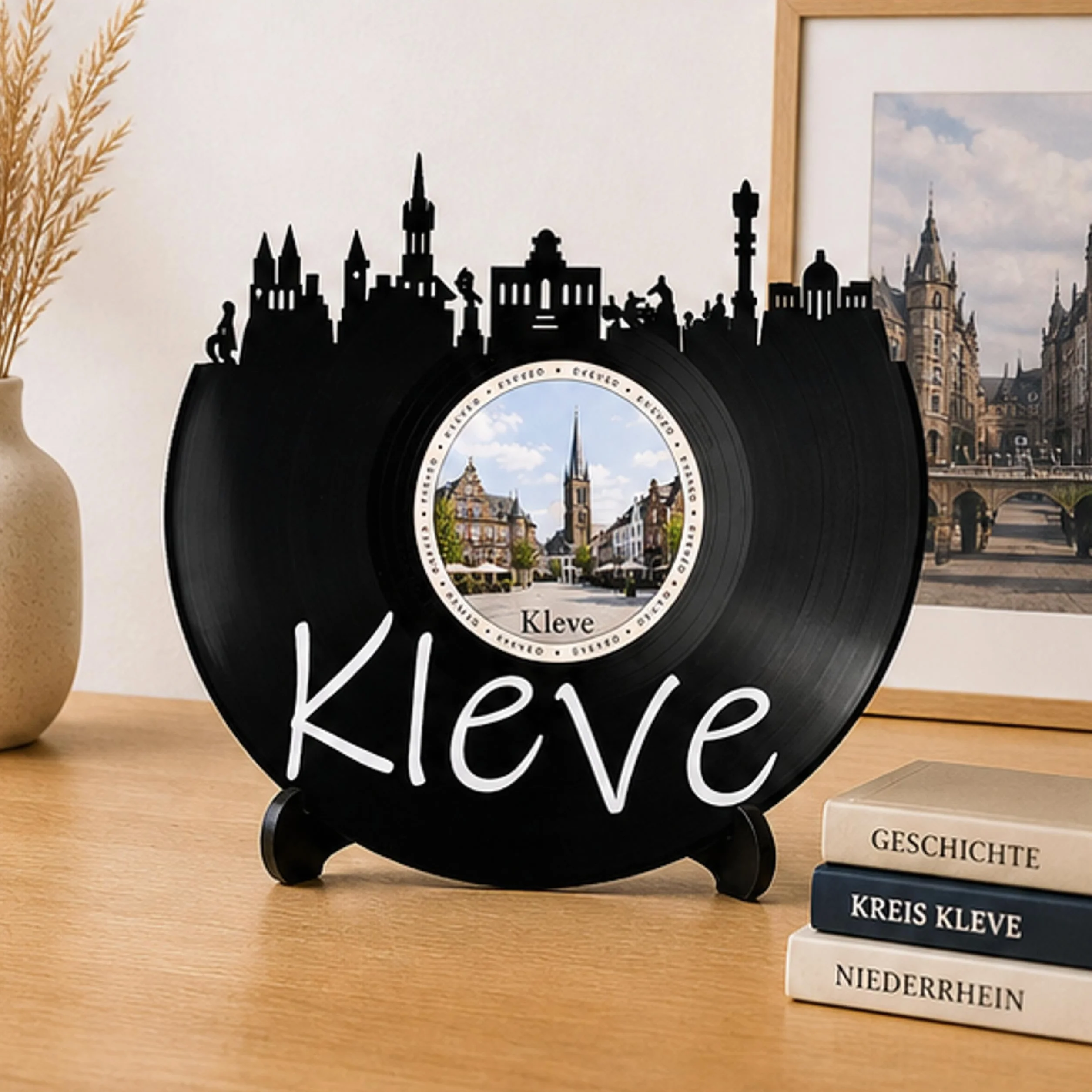 EVEVO Dekoracja ścienna z płyty gramofonowej Kleve – winylowa sztuka ścienna Niederrhein Skyline, prezent dla fanów Kleve, Schwanenburg Heimat-Labienburg D0028
