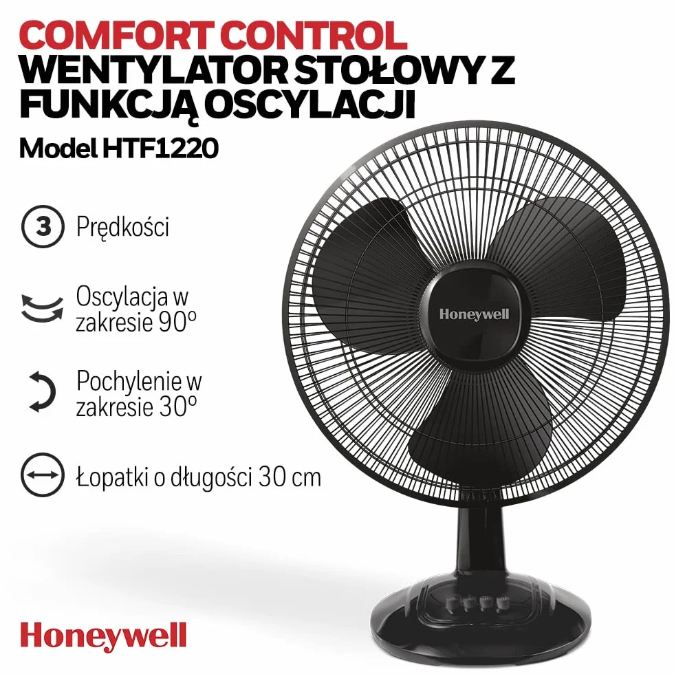 Wentylator stołowy Honeywell Comfort Control z funkcją oscylacji (3 poziomy prędkości, oscylacja w zakresie 90°, łopatki 30 cm, pochylenie w zakresie 30°, solidna podstawa) HTF1220