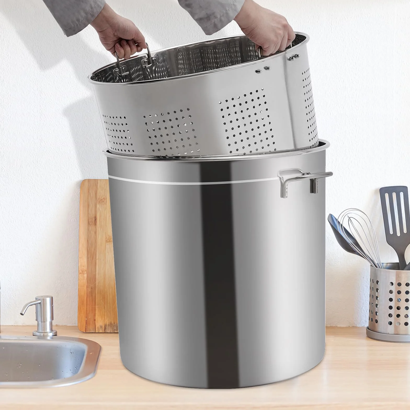Garnek do gotowania 50 cm, 50 l, ze stali nierdzewnej, z pokrywką i koszem 40 l, 2-warstwowy garnek ze stali nierdzewnej do kuchenek gazowych, elektrycznych, indukcyjnych