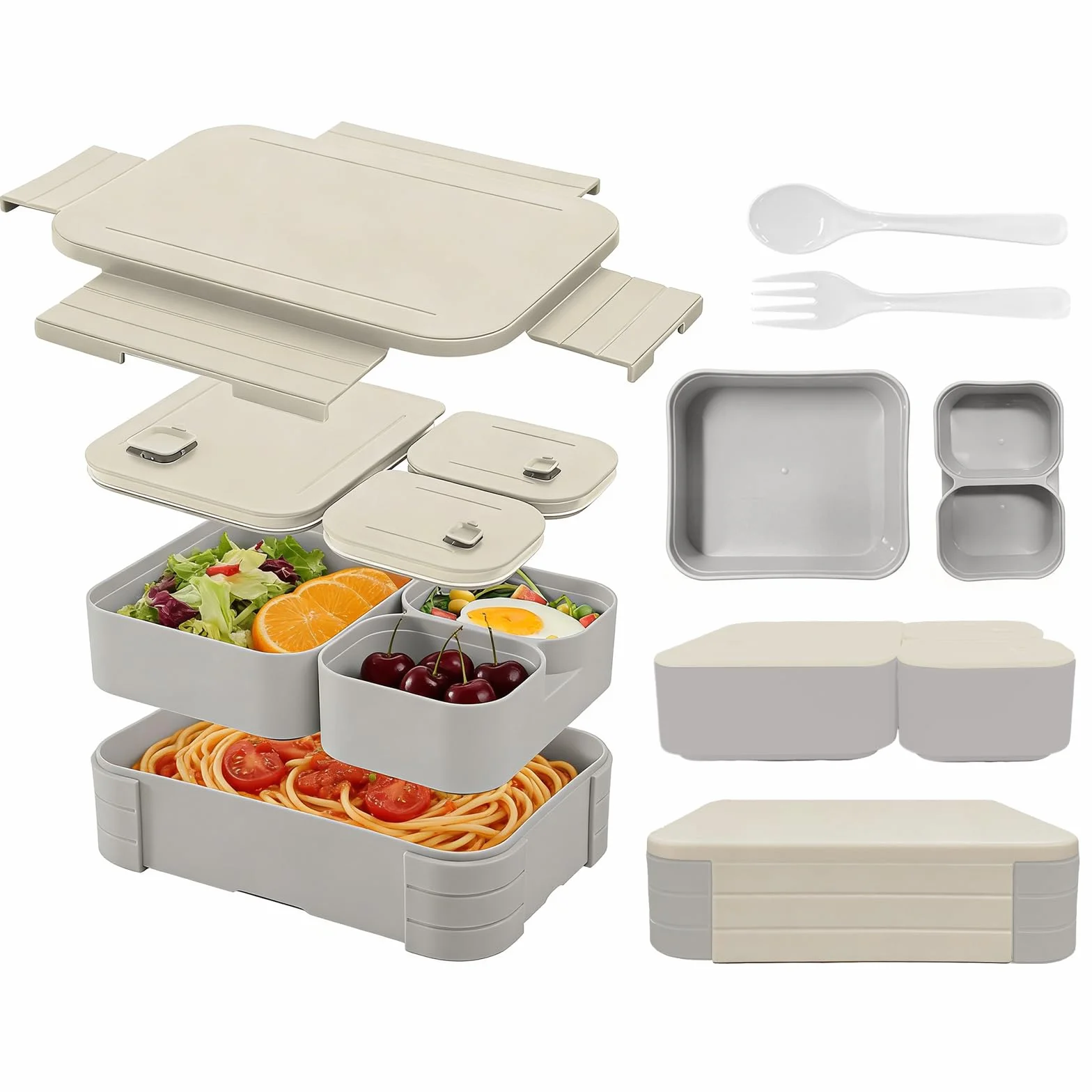 Lunch Box z Przegródkami 1760ml – Bento Box Szczelny i Sztaplowany – Modularny Pojemnik 3w1, BPA Free, Do Mikrofalówki – Zestaw z Łyżką i Widelcem (Szary)
