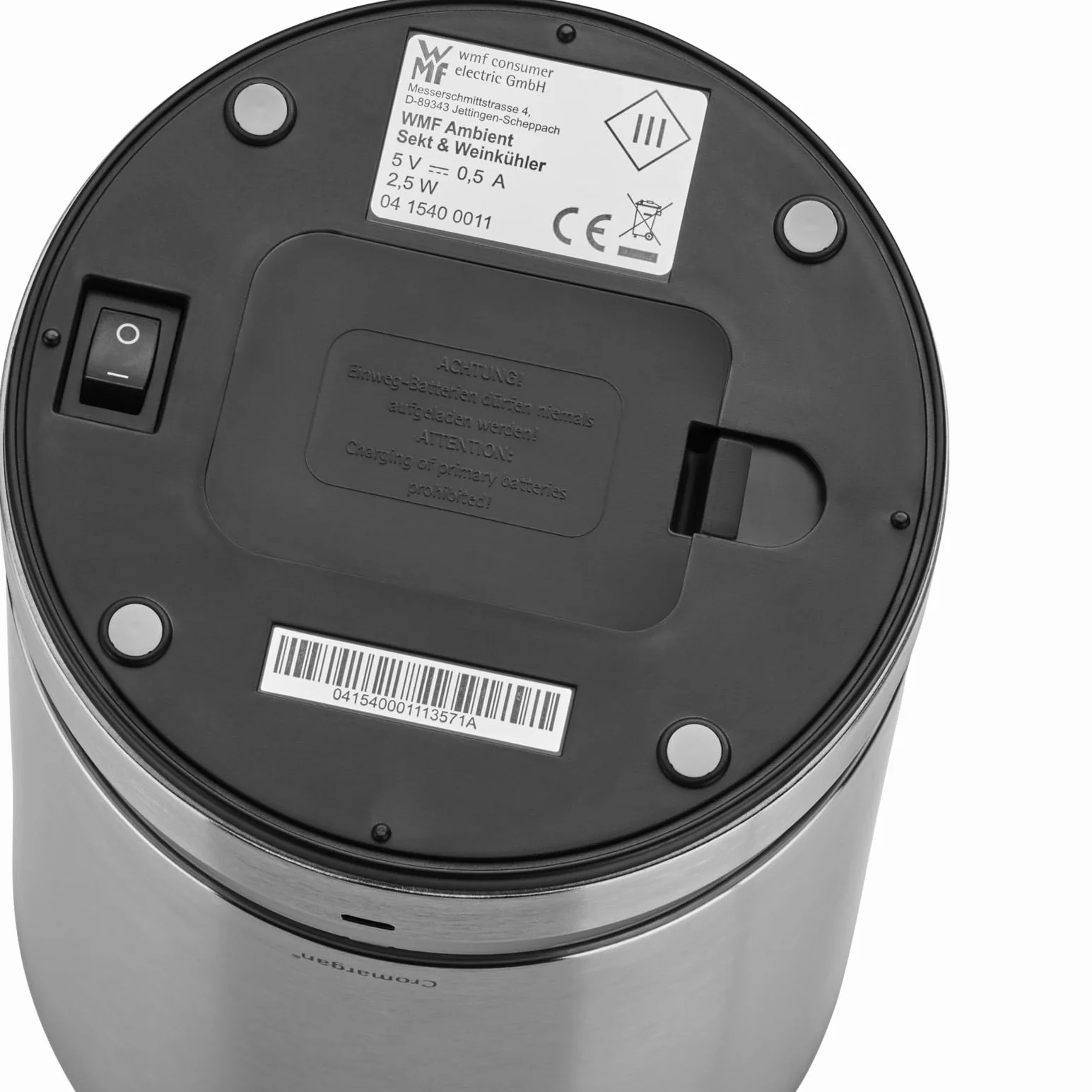 WMF Elektryczna chłodziarka do butelek otoczenia, elektryczna chłodziarka do szampana lub wina, kołnierz chłodzący, oświetlenie LED