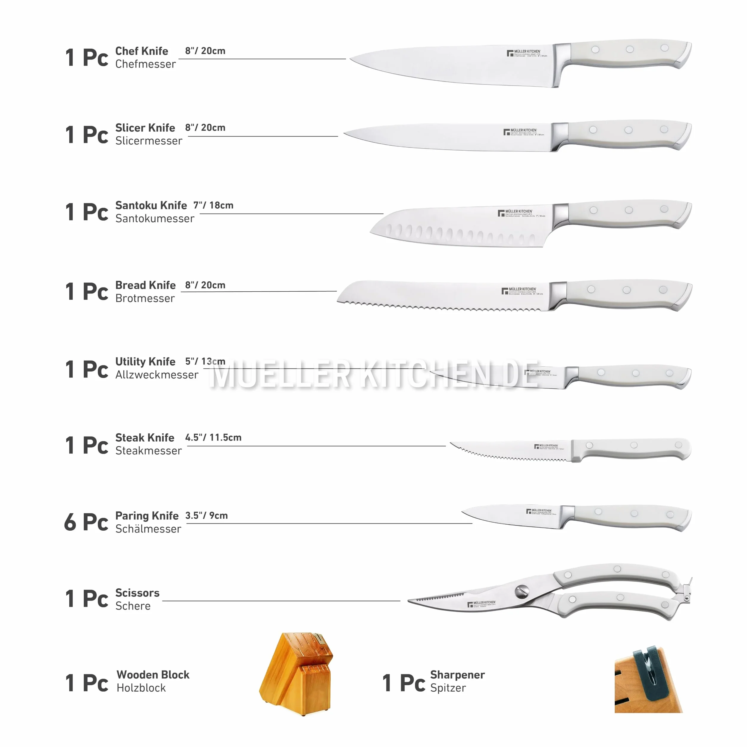 Muller Kitchen Zestaw noży (niemiecki INOX, antypoślizgowy kuty uchwyt, drewniany blok, ultra ostry i trwały) (15 sztuk - biały)