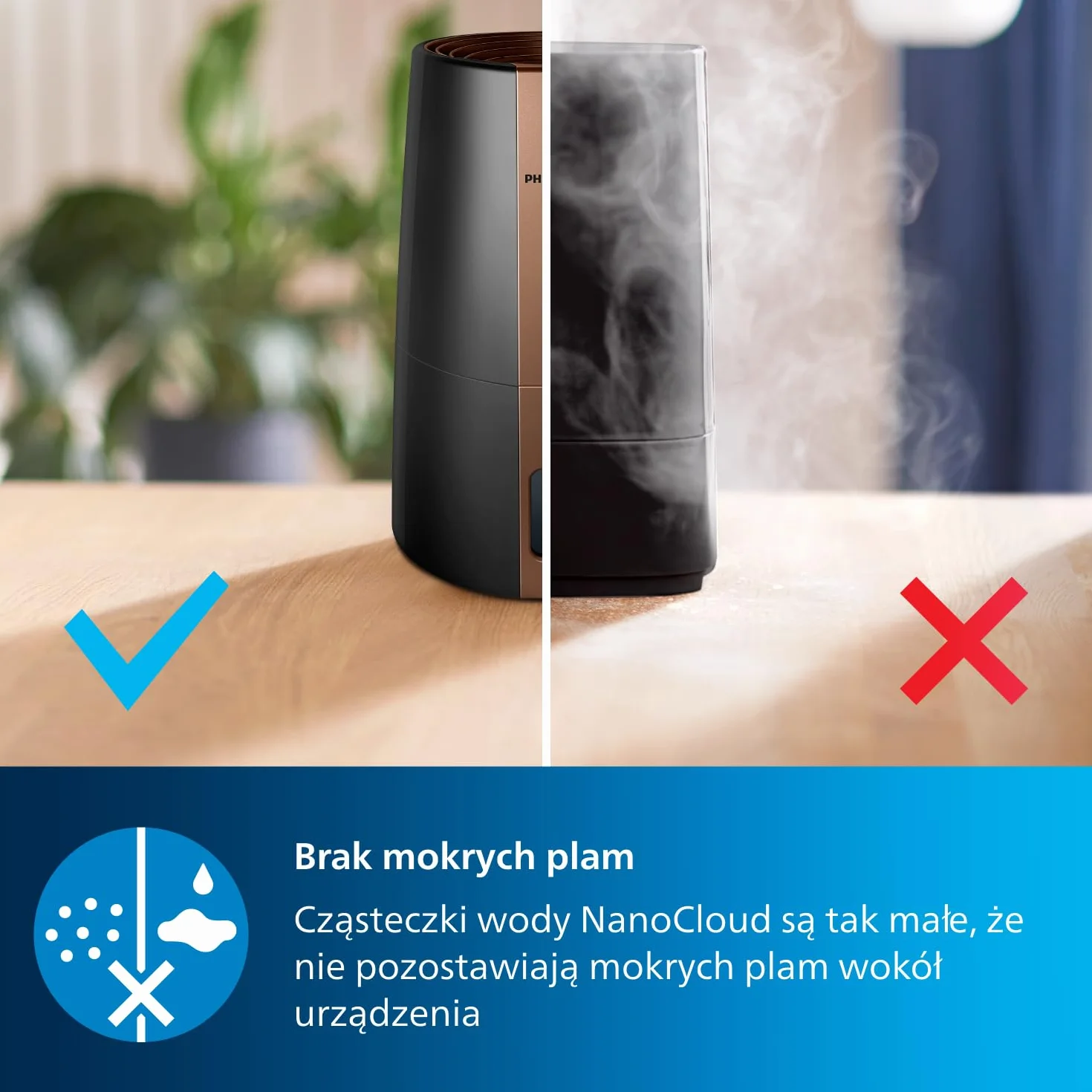 Philips Nawilżacz ewaporacyjny Serii 3000, 45 m², 99,97% mniej bakterii z NanoCloud, 300 ml/h, 3 prędkości, tryb nocny, ultracichy (33 dB), czujnik wilgotności, timer, zbiornik 3L, czarny (HU3918/10)