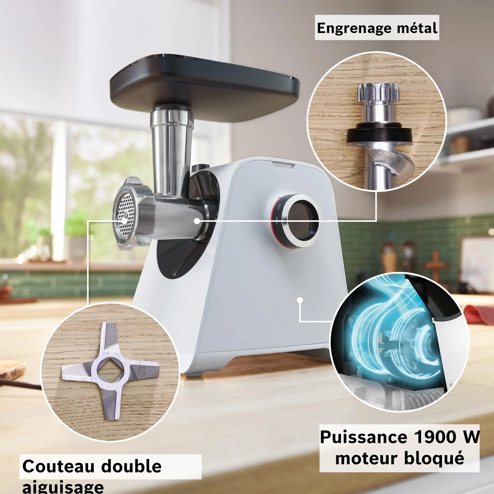 Bosch Maszynka do mielenia MultiPower Serie 4 MFWS420W, 1900 W, funkcja Revers, metalowa komora, Biały/Czarny