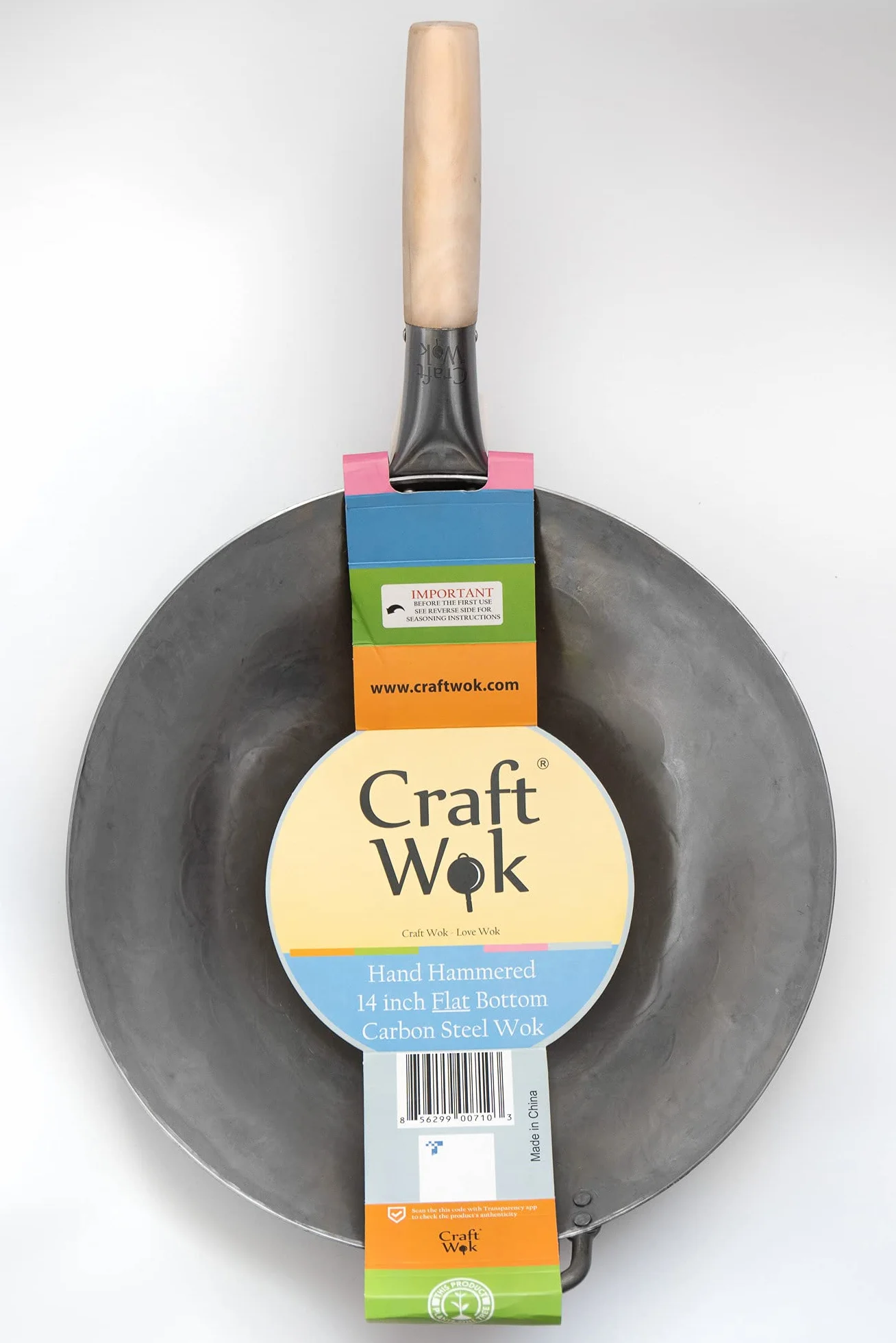 Craft Wok 731W316 ręcznie młotkowany wok ze stali węglowej z drewnianym i stalowym uchwytem pomocniczym, 35 cm, płaskie dno