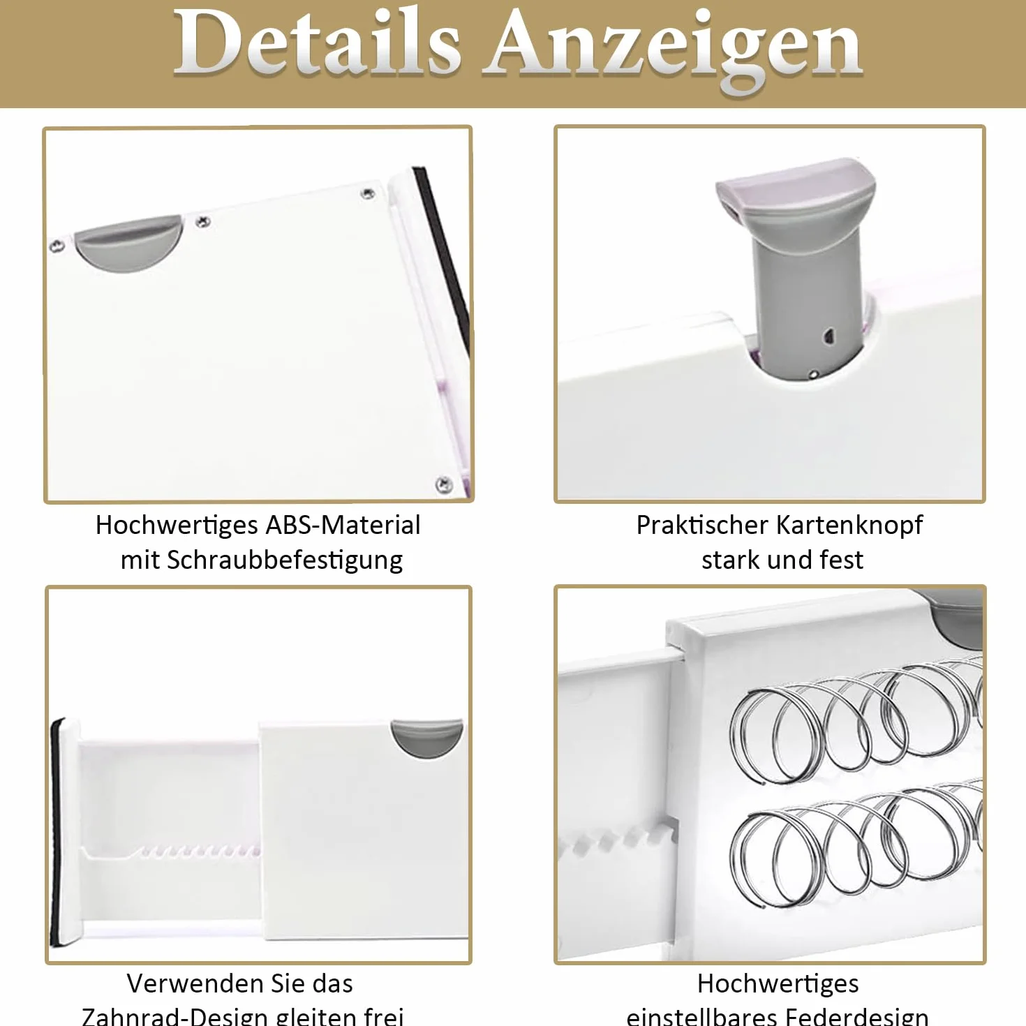 SENENQU Zestaw 4 separatorów szuflad kuchennych, regulowane, 33,2-55 cm, plastikowy rozdzielacz szuflad, wysokość - 12,7 cm, organizer do szuflad do kuchni, komody, łazienki, sypialni (biały)