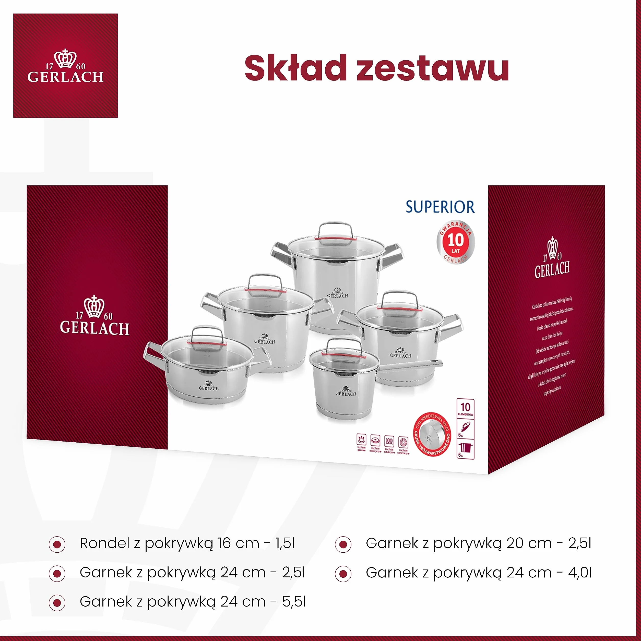 Gerlach Superior Zestaw Garnków Indukcja Stal Nierdzewna Trójwarstwowe Dno Do Kuchenki Gazowej Elektrycznej Ceramicznej Piekarnika 10 Elementów