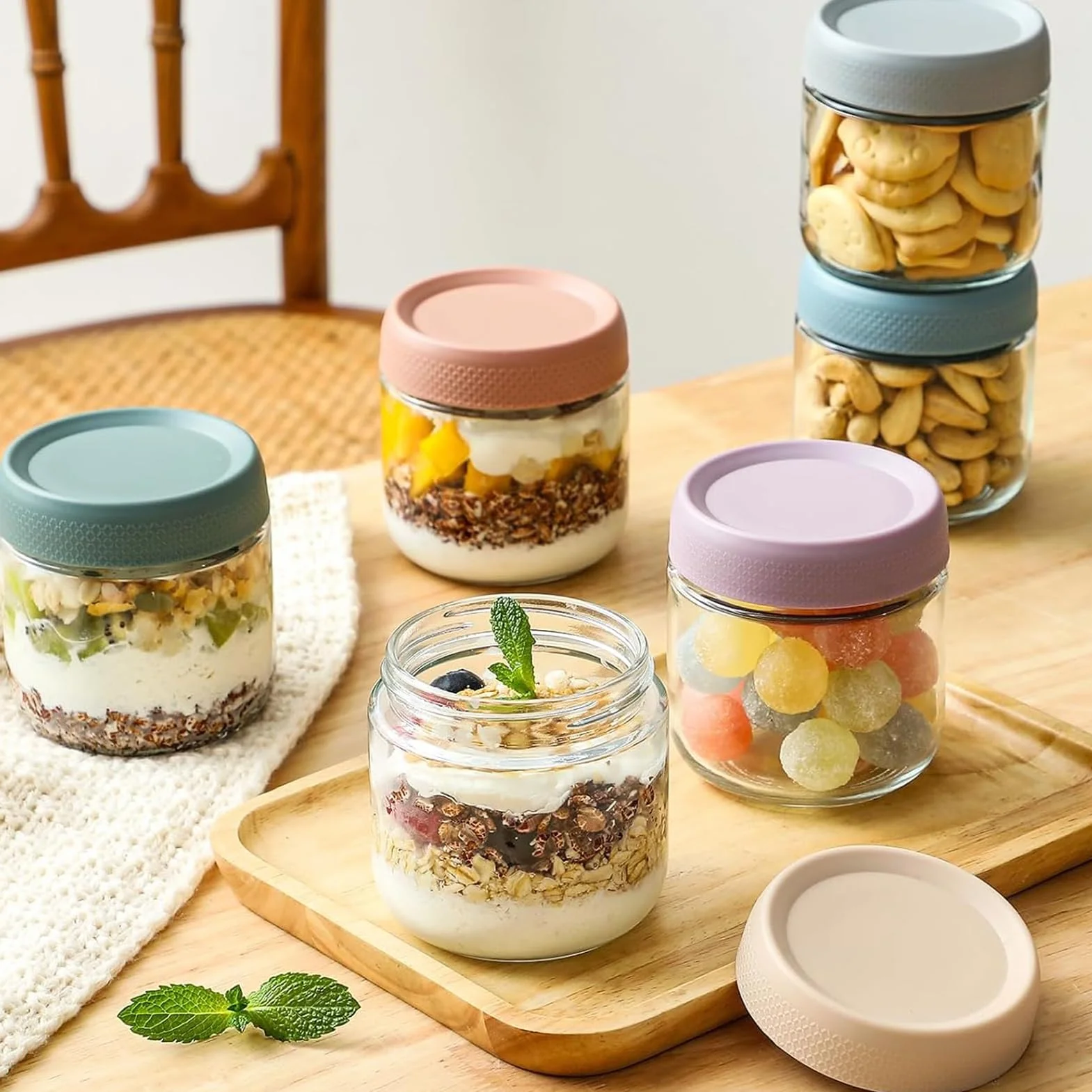 6 Sztuk Overnight Oats Słoiki z Pokrywką, 300 ml Słoik śniadaniowy z Zakręcaną Pokrywką Słoiki do Przygotowywania Posiłków na Chutney, Pudding, Jogurt, Owoce, Przyprawy, Fasola