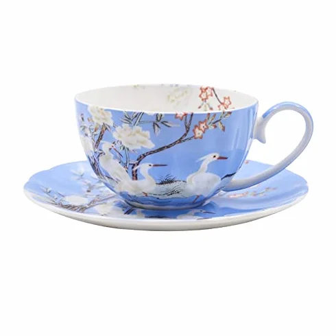Zestaw kubków do kawy ze spodkiem, 237 ml, cienka porcelana kostna, wzór z kolorowymi kwiatami, idealny na imprezy i prezenty