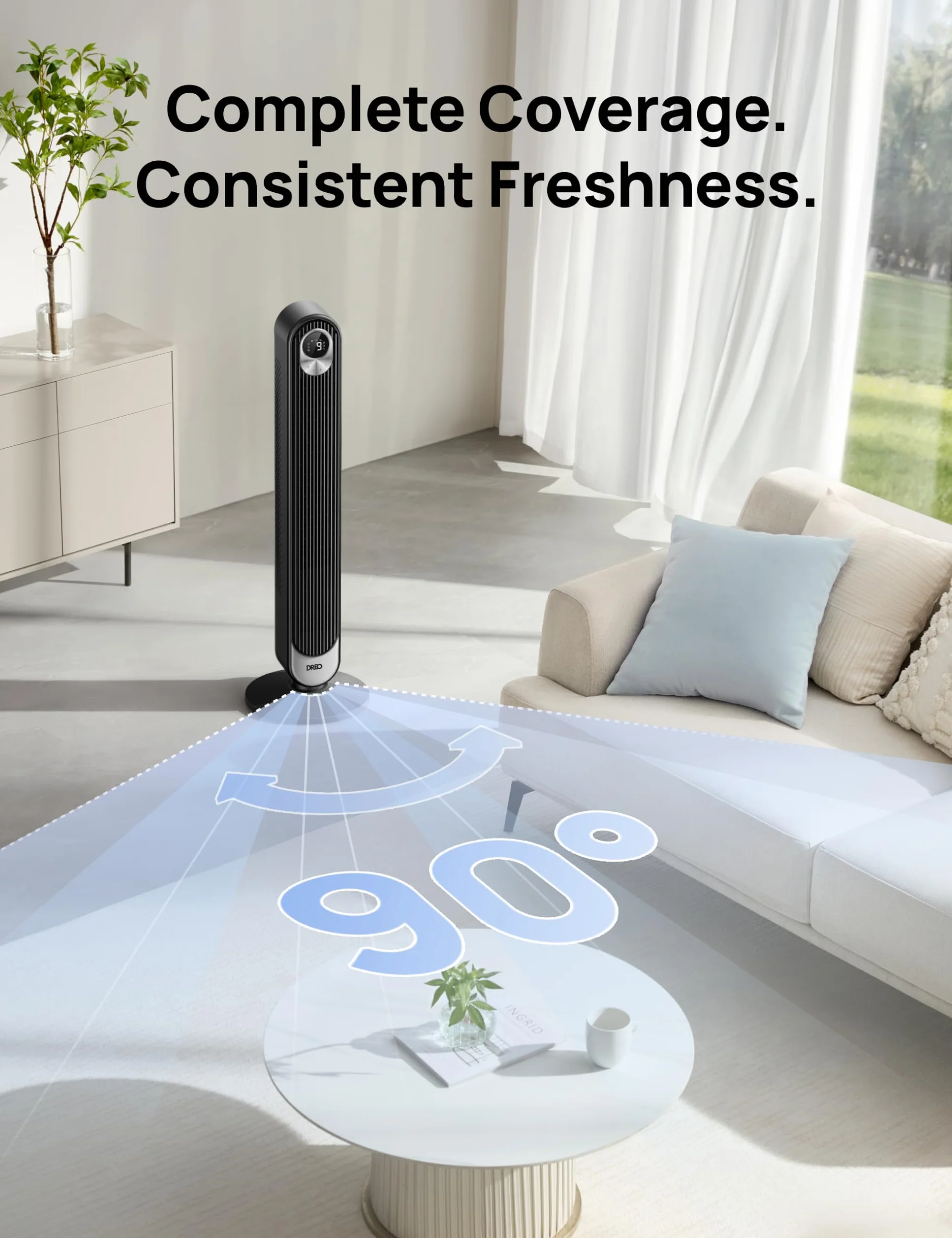 Dreo Smart wentylator kolumnowy z WiFi, sterowanie głosem, współpracuje z Alexa, sterowanie za pomocą aplikacji, cichy wentylator oscylacyjny 90°, 6 ustawień prędkości, 4 tryby, timer 12-godzinny