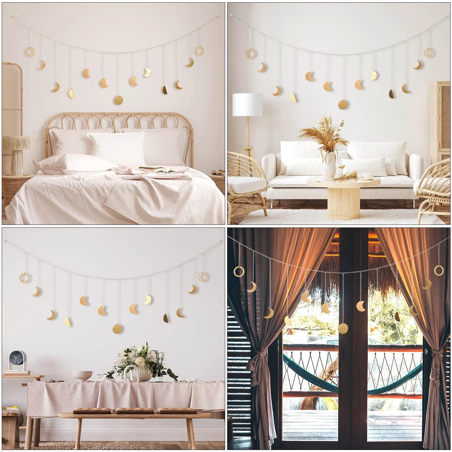 Girlanda z fazami księżyca, dekoracja ścienna w stylu boho, girlanda księżycowa, dekoracja ścienna, do salonu, sypialni, lampa księżycowa w stylu boho, złota girlanda 144 cm, 13 księżyców, z łańcuchem