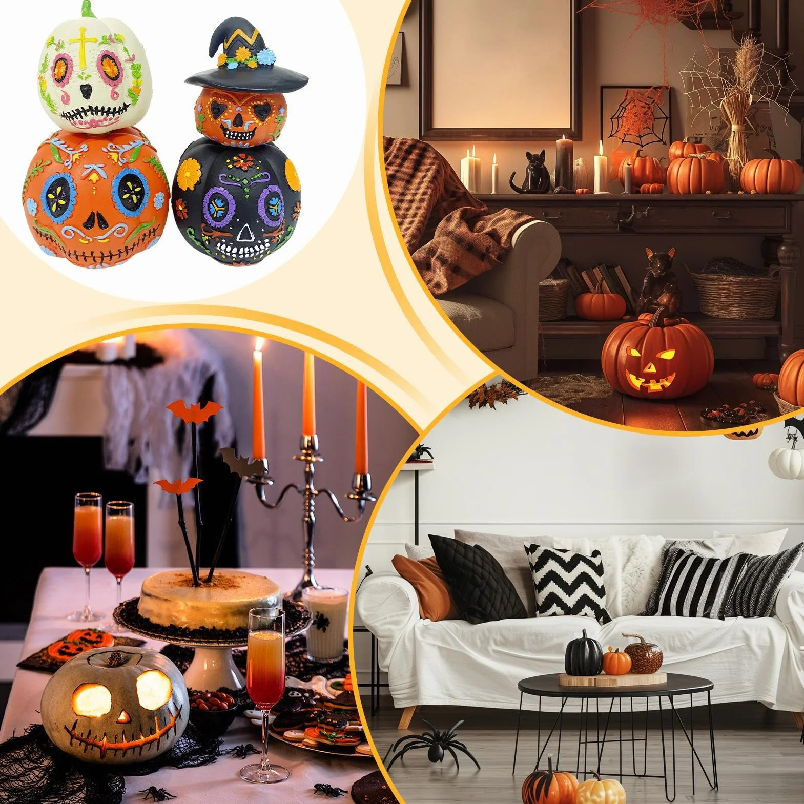 Zestaw dekoracji dyni, ozdoba z żywicy na Halloween, czteroczęściowa statuetka magnetyczna, świąteczna figurka do układania w stos, uroczy akcent świąteczny, dom korytarz biurko impreza sypialnia