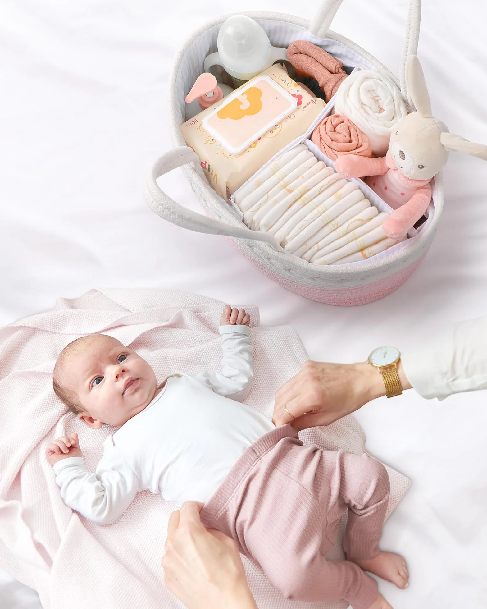 Maliton Pojemnik na pieluchy, bawełniana lina niezbędna dla noworodka, solidny przenośny kosz do przechowywania do pokoju dziecięcego ze zdejmowanymi przegródkami, organizer na pieluchy, prezent na