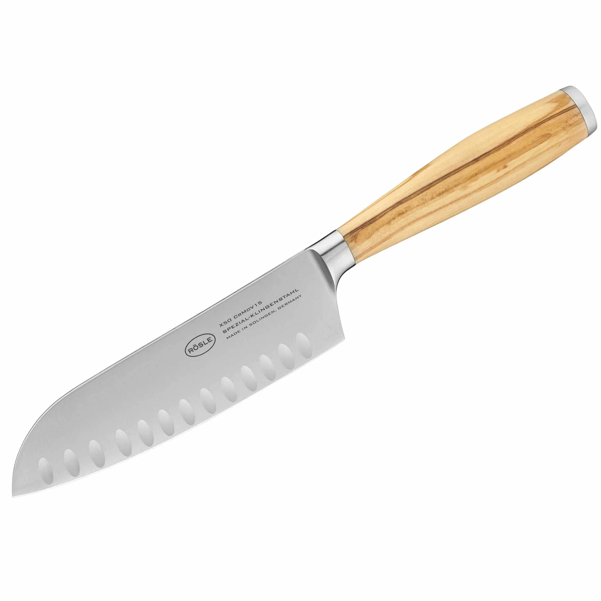 Rösle Nóż Santoku Artesano 16,5 cm – wysokiej jakości nóż kuchenny do krojenia mięsa, ryb, drobiu i warzyw, ostry nóż do krojenia z ergonomicznym uchwytem z drewna oliwkowego