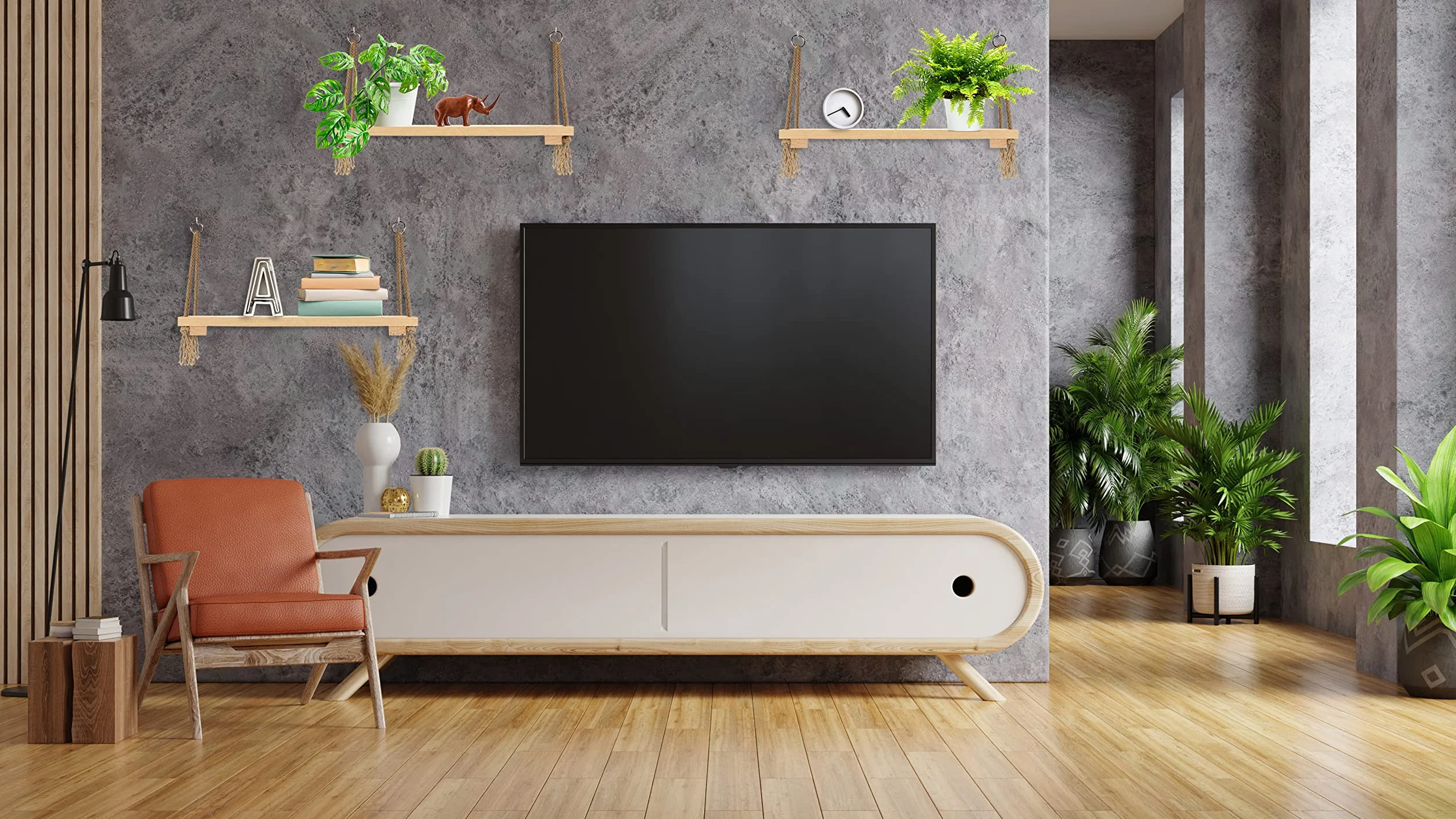Drewniana PÓŁKA wisząca LOFT na linach sznurkach 3 sztuki naturalna