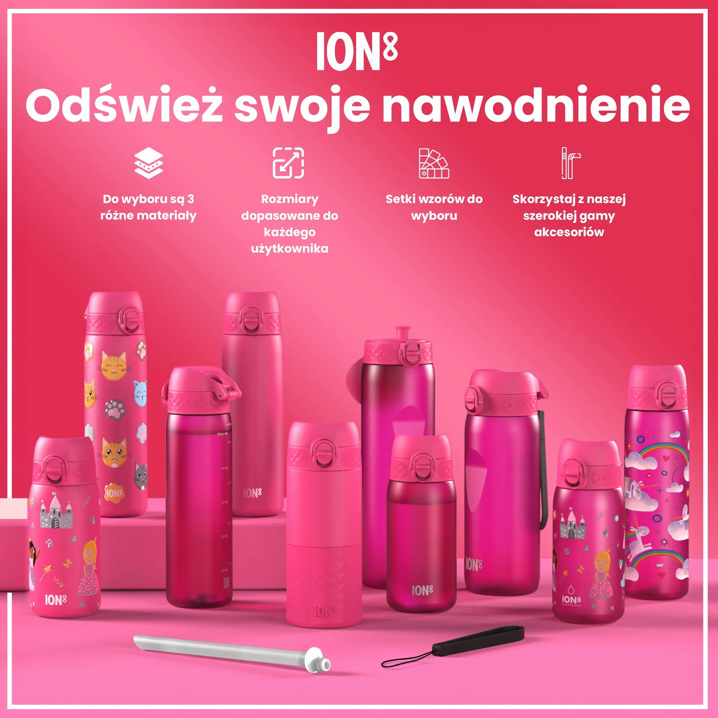 ION8 Butelka dla Dzieci, 350 ml/12 oz, Szczelna, Łatwa do Otwarcia, Bezpieczny Zamek, Można Myć w Zmywarce, Bez BPA, Uchwyt do Przenoszenia, Łatwa do Czyszczenia, Bezwonny, Koty