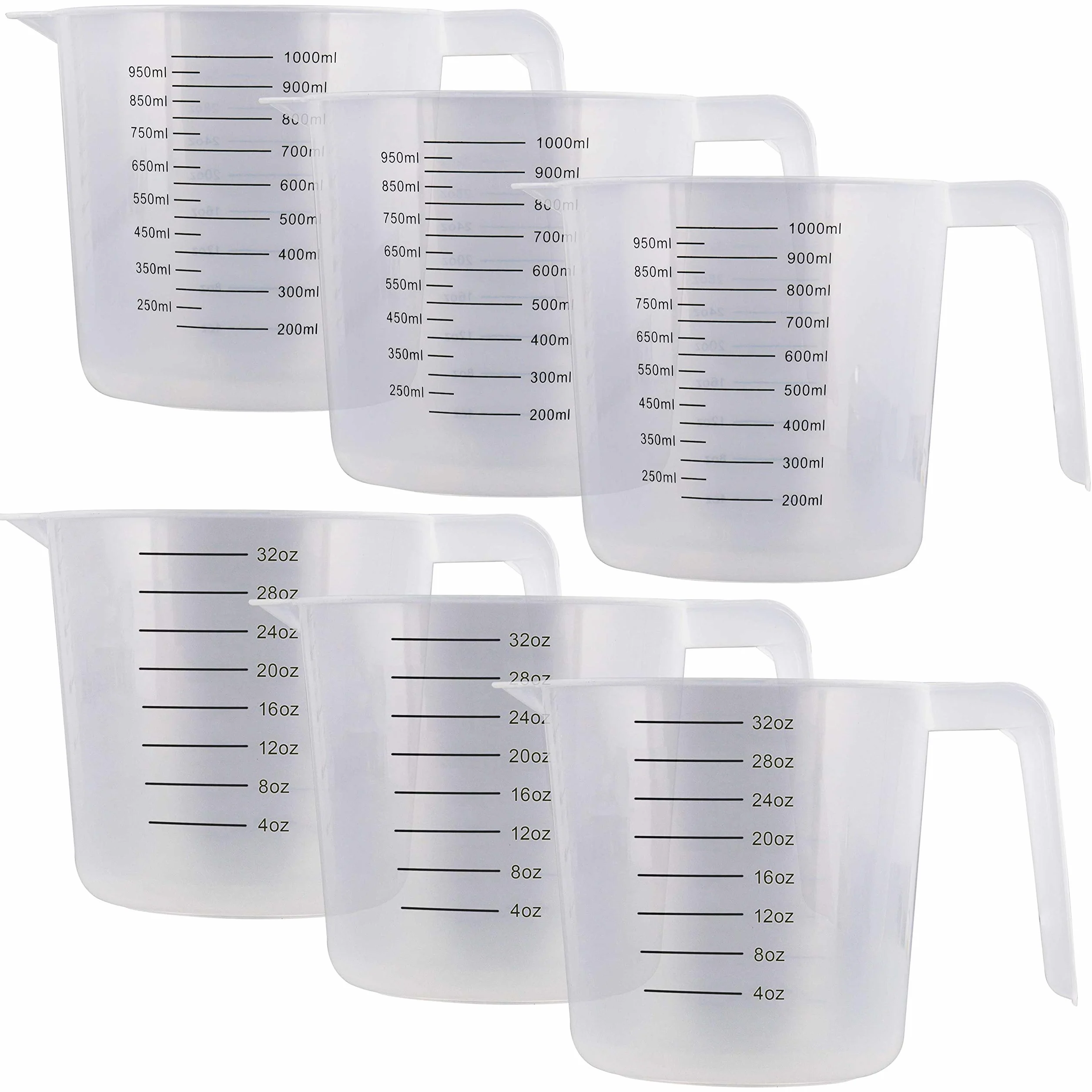 U.S. Kitchen Supply - 1000 ml kubek z miarką z tworzywa sztucznego z uchwytami (6 sztuk) – 4 filiżanki pojemności, uncje i oznaczenia ML Cup – zmierz i mieszaj składniki przepisu, mąkę, wodę