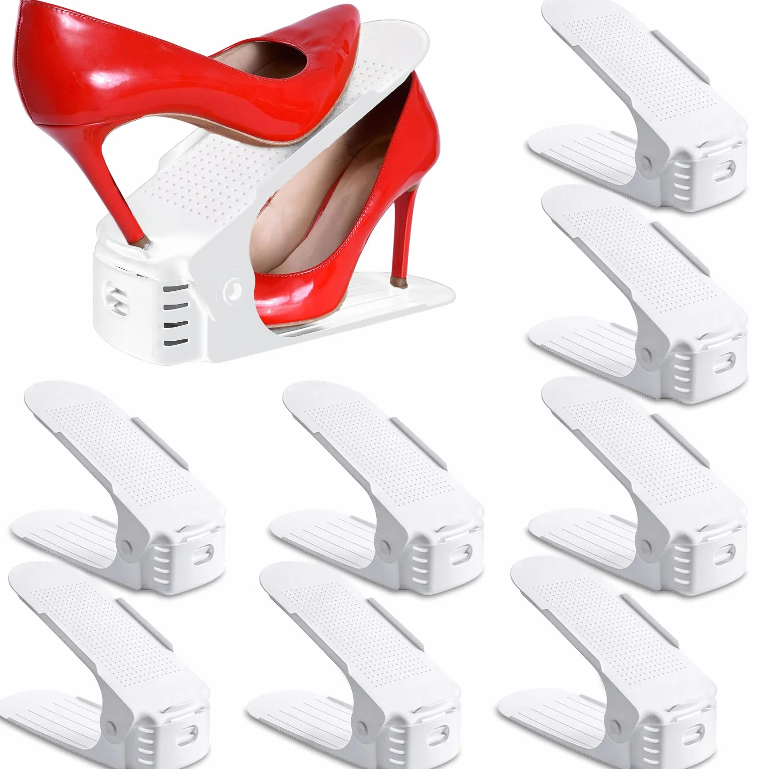 10 regulowanych regałów na buty, materiał PP, organizer na buty, podwójna warstwa, 3 regulowane półki na buty, oszczędność miejsca, antypoślizgowe półki na buty (białe)