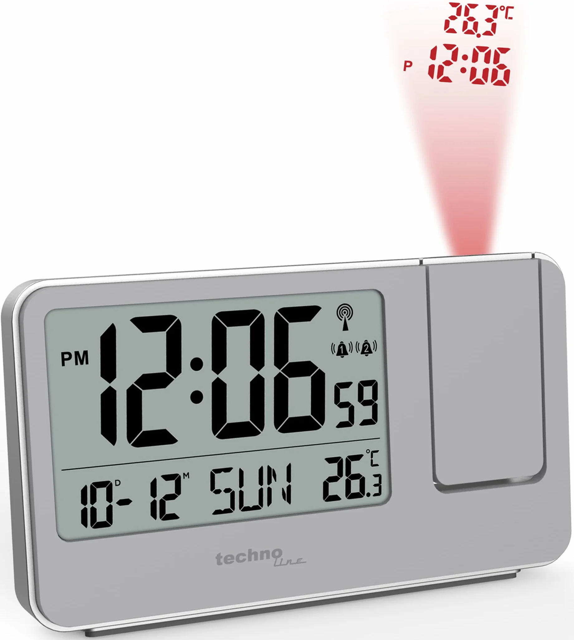 Technoline WT534 budzik z projektorem, zegar radiowy, projekcja temperatury i godziny, srebrny