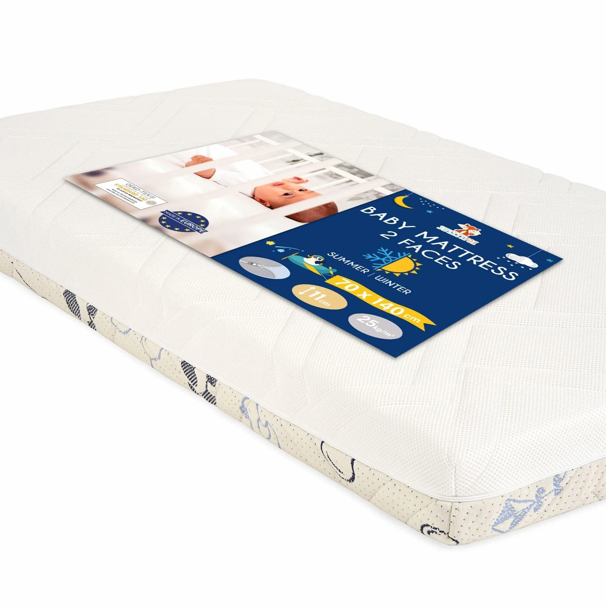 Materac Niemowlęcy 140 x 70 Made in Europa i OEKO TEX Sweety Fox – Materac 70x140 Dwustronny ze Stroną letnią i Zimową – Wysokość 11 cm i Gęstość 25 kg/m3