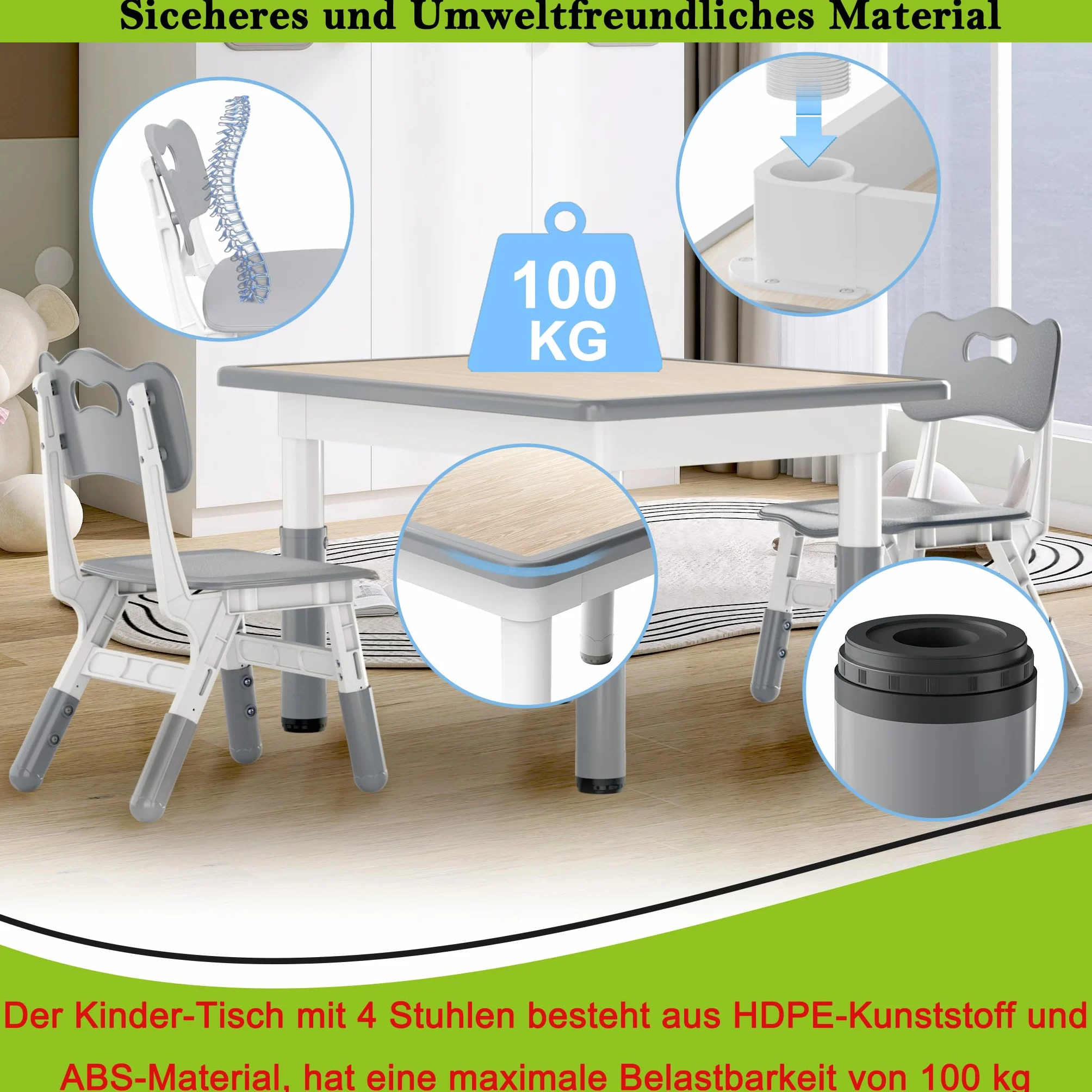 XMTECH Stół dziecięcy z 2 krzesłami 80x60 cm regulacja wysokości HDPE ABS
