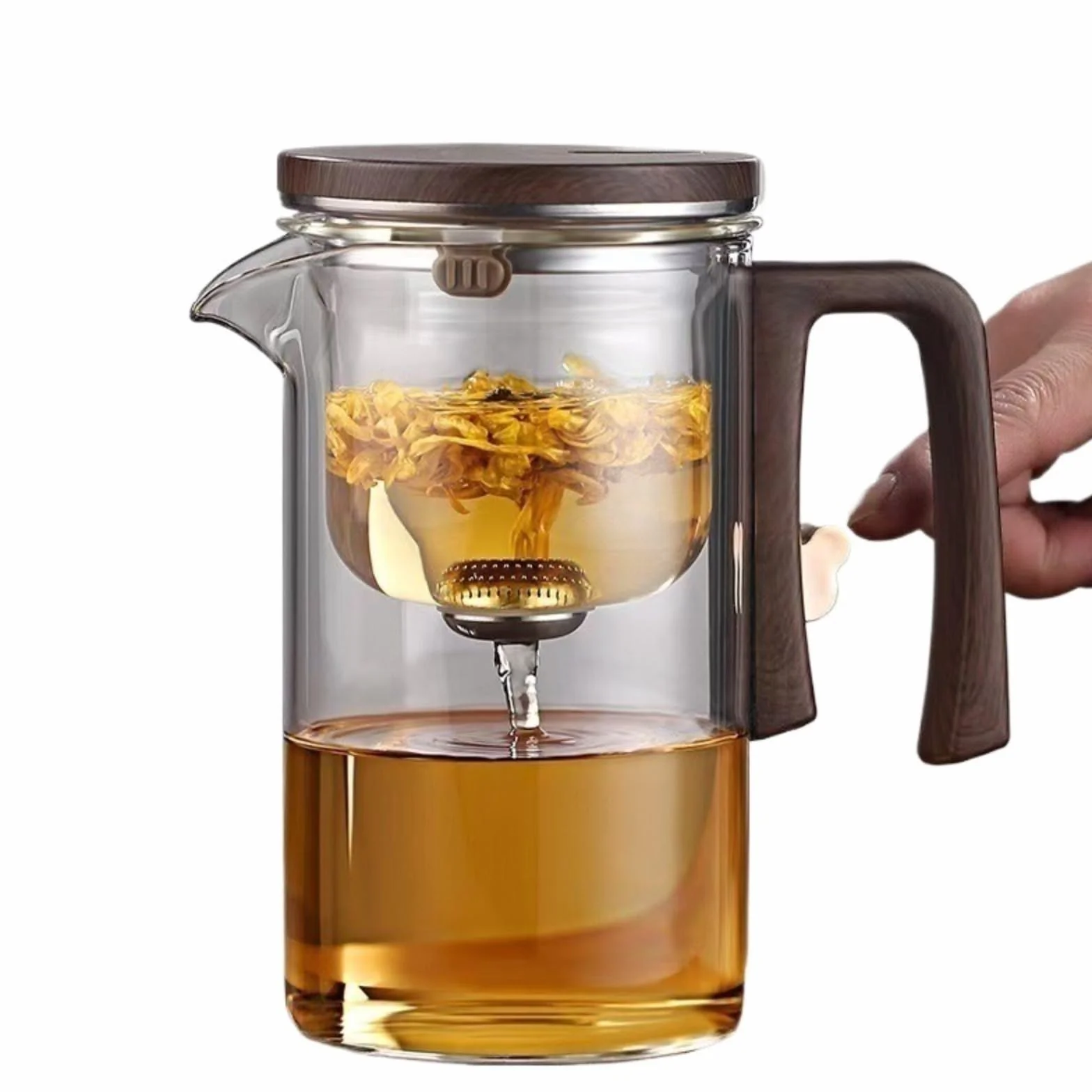 Generisch Enchanti Tea Pot, Enchantipot Magic Tea Po, szklany pojemnik na herbatę z drewnianą rączką, kontrola nacisku, magiczny garnek do herbaty, Enchantipot Magic Pot