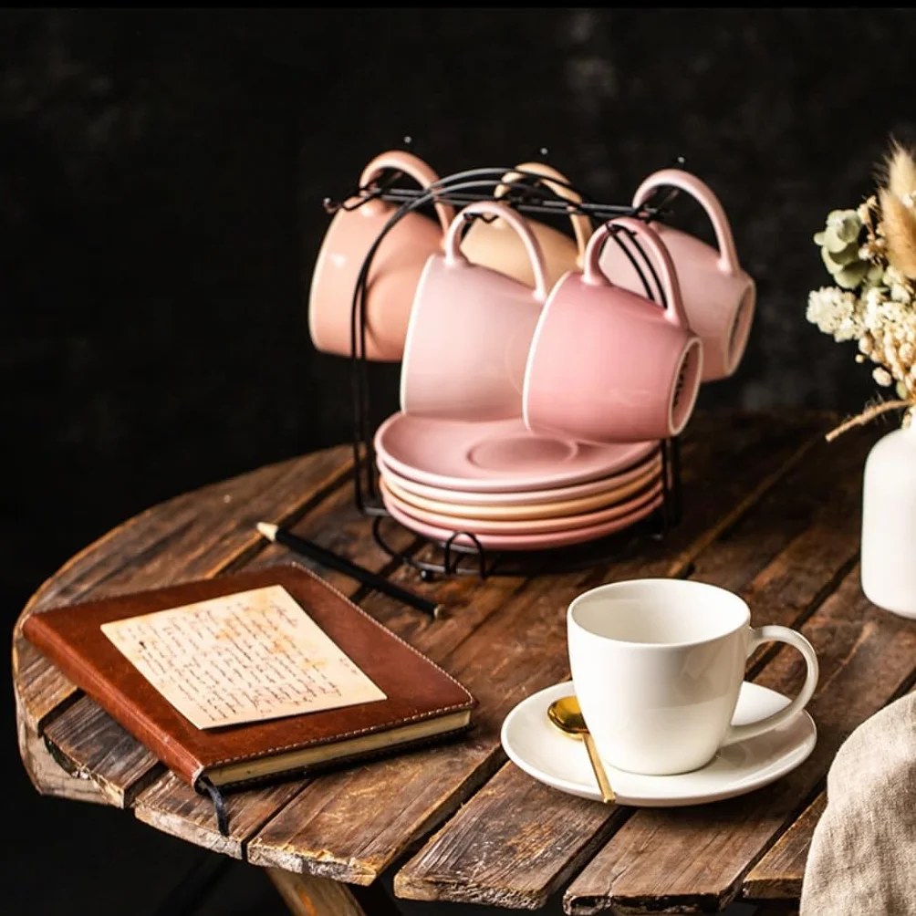 porcelanowa filiżanka i spodek, filiżanka do kawy, Prosty kolorowy szkliwiony kubek do herbaty z kwiatami, ceramiczny kubek do kawy parzonej ręcznie i spodek w pudełku prezentowym(5)