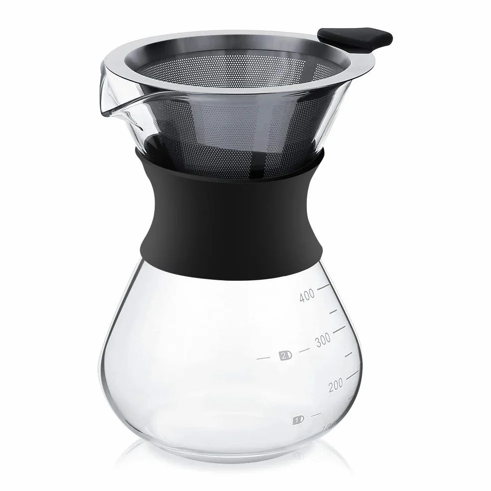 Ekspres do kawy „Pour Over” ze stałym filtrem ze stali nierdzewnej i karafką. Ekspres do kawy, dzbanek szklany, przezroczysty, 400ml