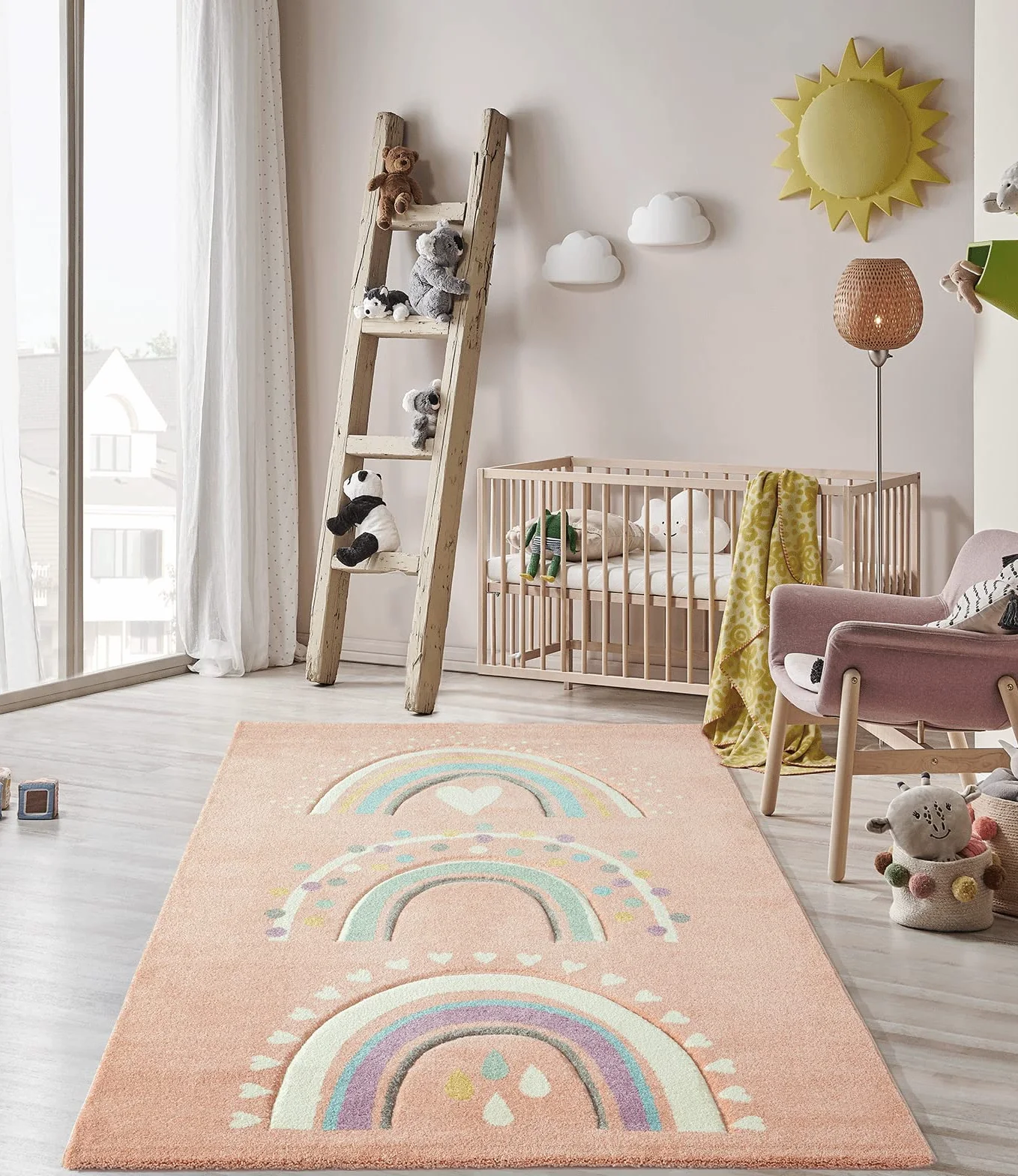 The carpet Monde Kids Nowoczesny, miękki dywan dziecięcy, miękkie runo, łatwy w pielęgnacji, trwały kolor, żywe kolory, wzór tęczy, różowy, 120 x 170 cm