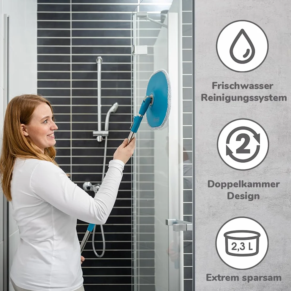 Mop Obrotowy z Dwukomorowym Systemem Filtracji - Mop 135 cm do Każdej Podłogi z Nakładką Mikrofibry - Zestaw z Wiadrem i Koncentratami do Parkietu i Płytek