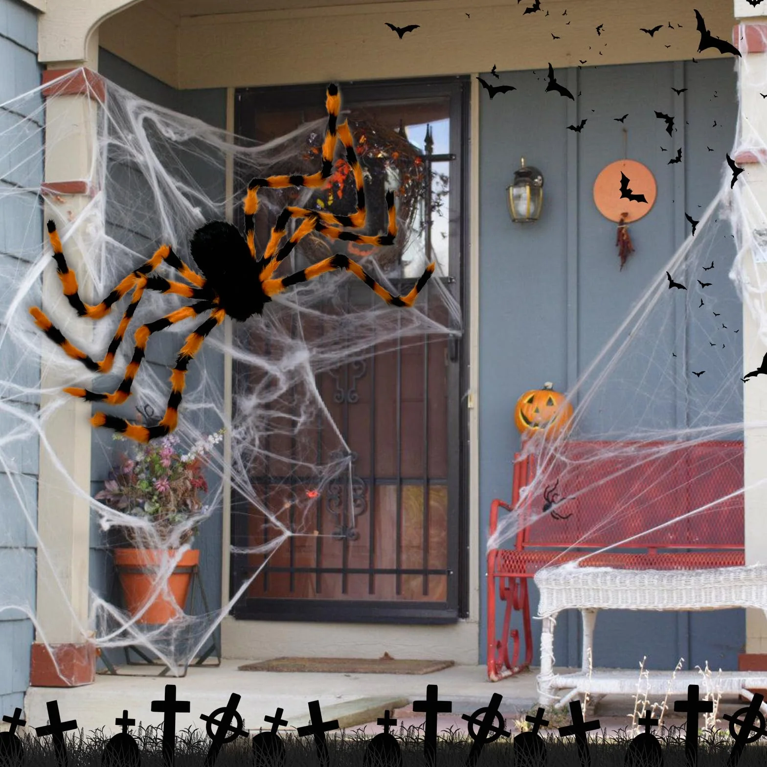 TSLBW Halloweenowy gigantyczny pająk, 150 cm, sztuczny pająk, duży, realistyczny pająk, straszny włochaty pająk, dekoracja na Halloween, ogród, cmentarz, nawiedzony dom, dekoracje (czarny i