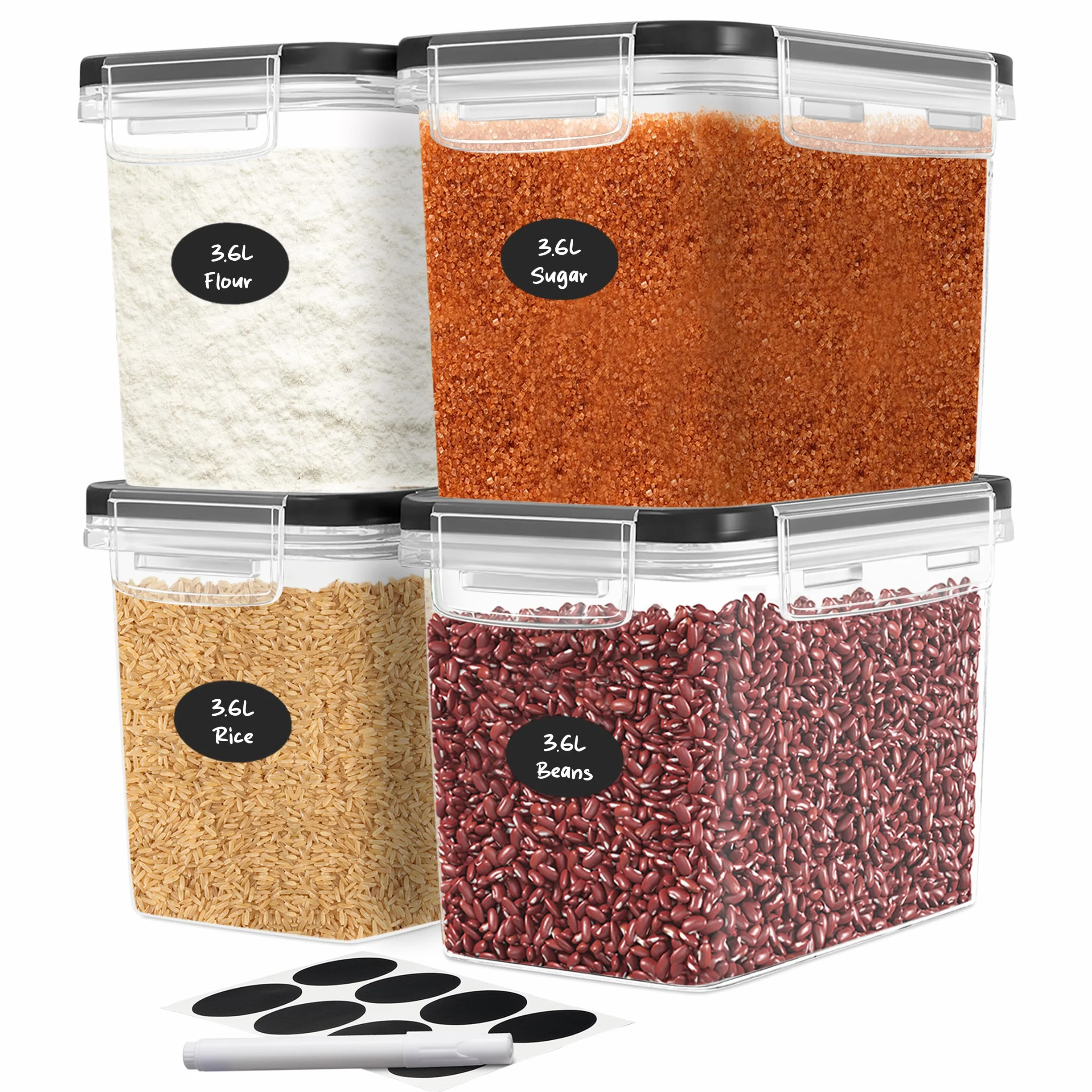 DWËLLZA KITCHEN Hermetyczny zestaw pojemników do przechowywania żywności - 4 sztuki 3,6 l - plastikowe pojemniki do przechowywania spiżarni kuchennej - można myć w zmywarce - zawiera 8 etykiet i markerów - utrzymuje żywność świeżą i suchą