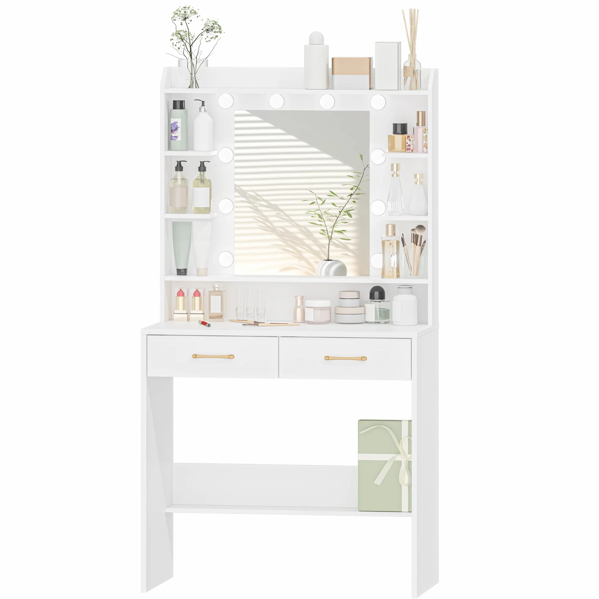 Toaletka Hzuaneri z Lustrem i Oświetleniem LED, Regulowana Jasność, Toaletka z Półkami i 2 Szufladami, do Sypialni, Salonu, 40 x 80 x 149 cm, Biała DT08203XV1