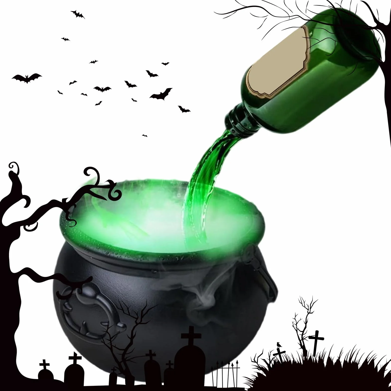 Cauldron Diffuser, Halloween Witch Pot Jar, Bubbling Black Cauldron with Floating Potion Bottles, Spooky Outdoor Decor for Entryway, Yard, Backyard, Holiday, 10.24 Inches