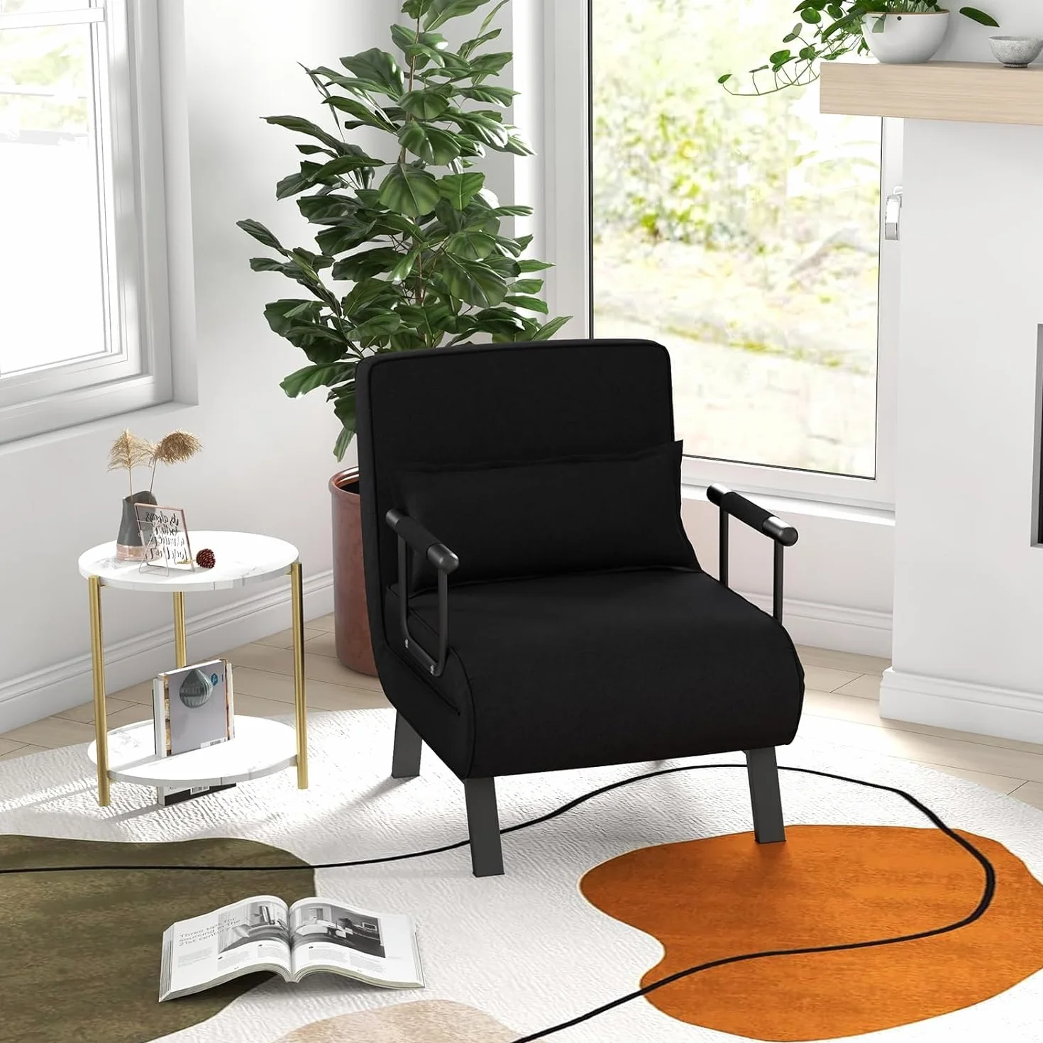GOPLUS 4 w 1 fotel do spania z funkcją łóżka, sofa do spania z 6-stopniową regulacją oparcia i zdejmowanym poduszkiem, fotel relaksacyjny, rozkładana sofa do łóżka, składany do domu i biura (czarny)