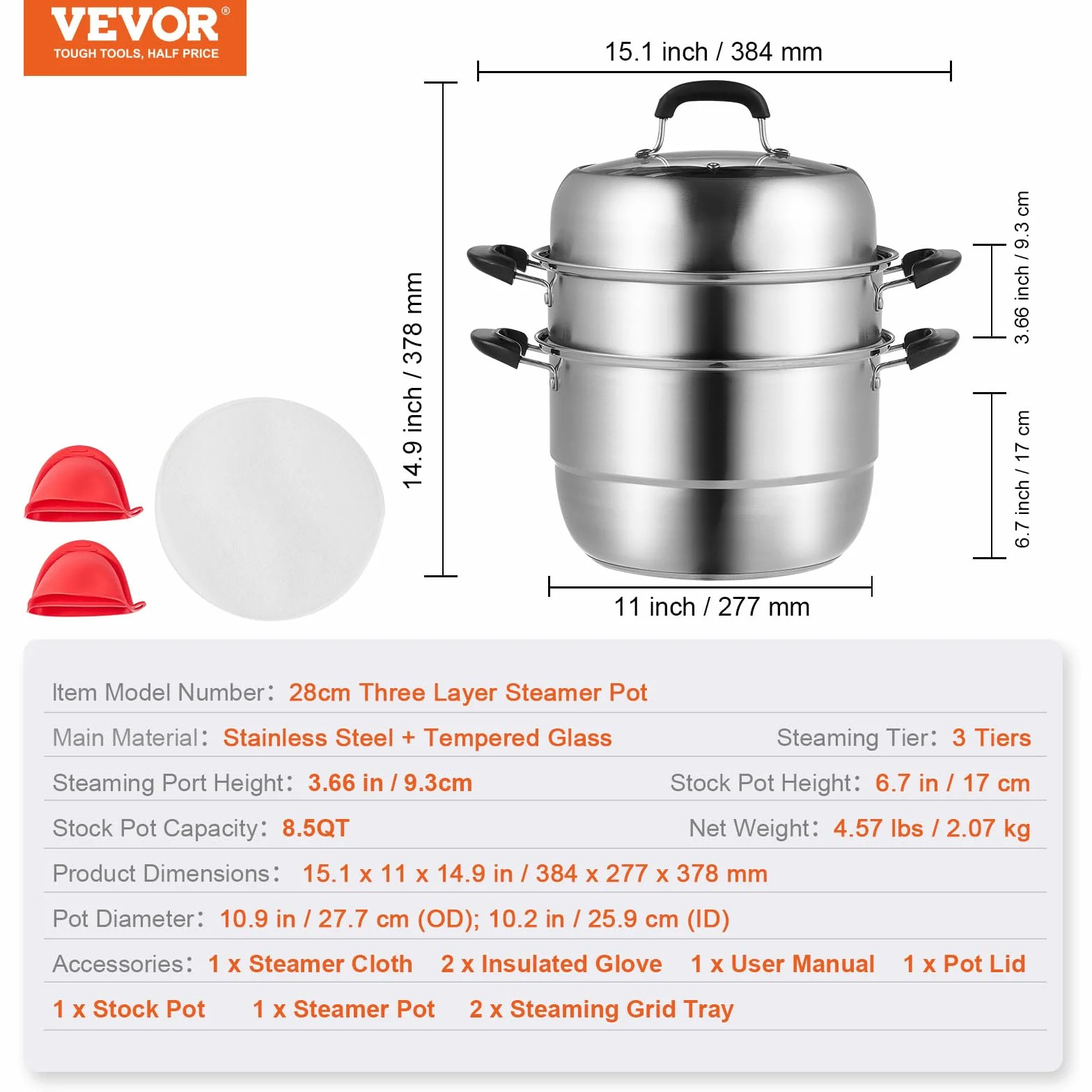 VEVOR 3-stopniowa kuchenka parowa 28 cm 8 l stal nierdzewna szklana pokrywa
