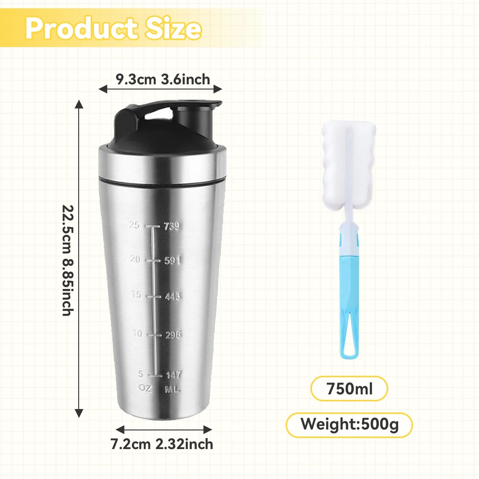 Shaker proteinowy ze stali nierdzewnej, 750 ml, shaker proteinowy ze stali nierdzewnej, z kulką do mieszania, przenośny kubek na wodę, szczelny shaker proteinowy do koktajli proteinowych i