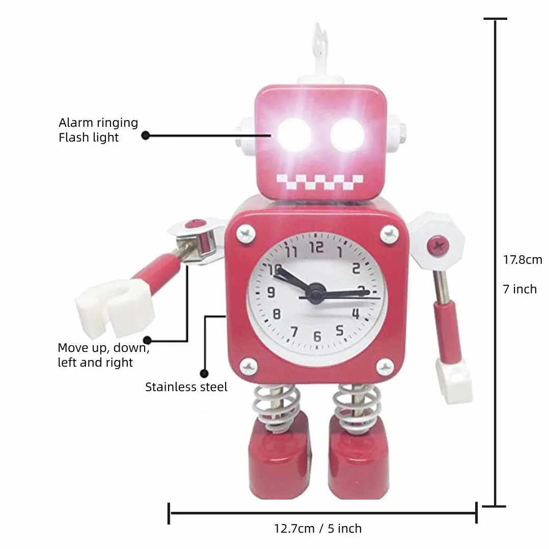 Diskary Robot budzik, cichy budzik z migającymi światłami oczu i obrotowym ramieniem, Prezent Dla Dzieci (czerwony)