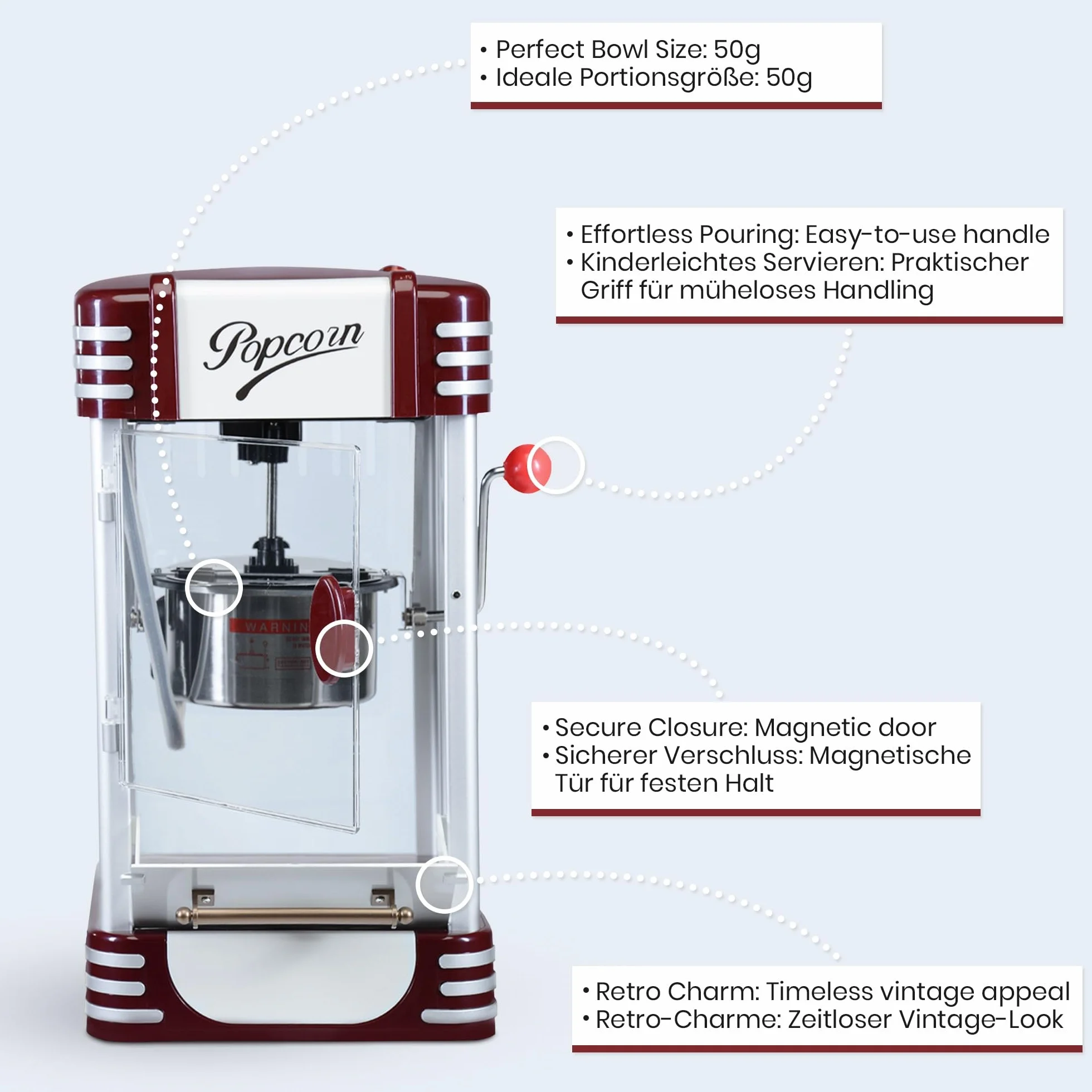 Jago® Maszyna do popcornu retro – 60 l/h, 200 g/10 min, garnek ze stali nierdzewnej, do słonego popcornu – wygląd w stylu lat 50., profesjonalna maszyna robienia, automat