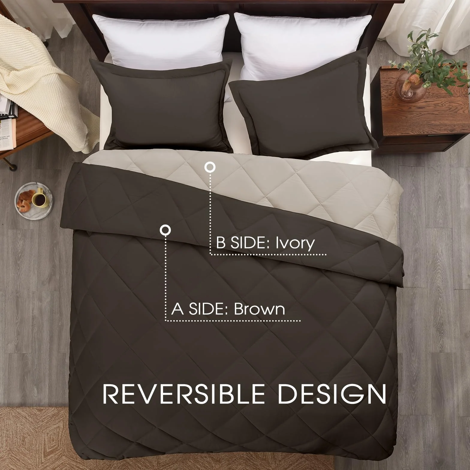 Basic Beyond Zestaw pościeli w rozmiarze queen, dwustronny zestaw pościeli na wszystkie pory roku, 1 kołdra (224 x 234 cm) i 2 poszewki na poduszki (51 x 66 cm + 5 cm), brązowy/kość słoniowa
