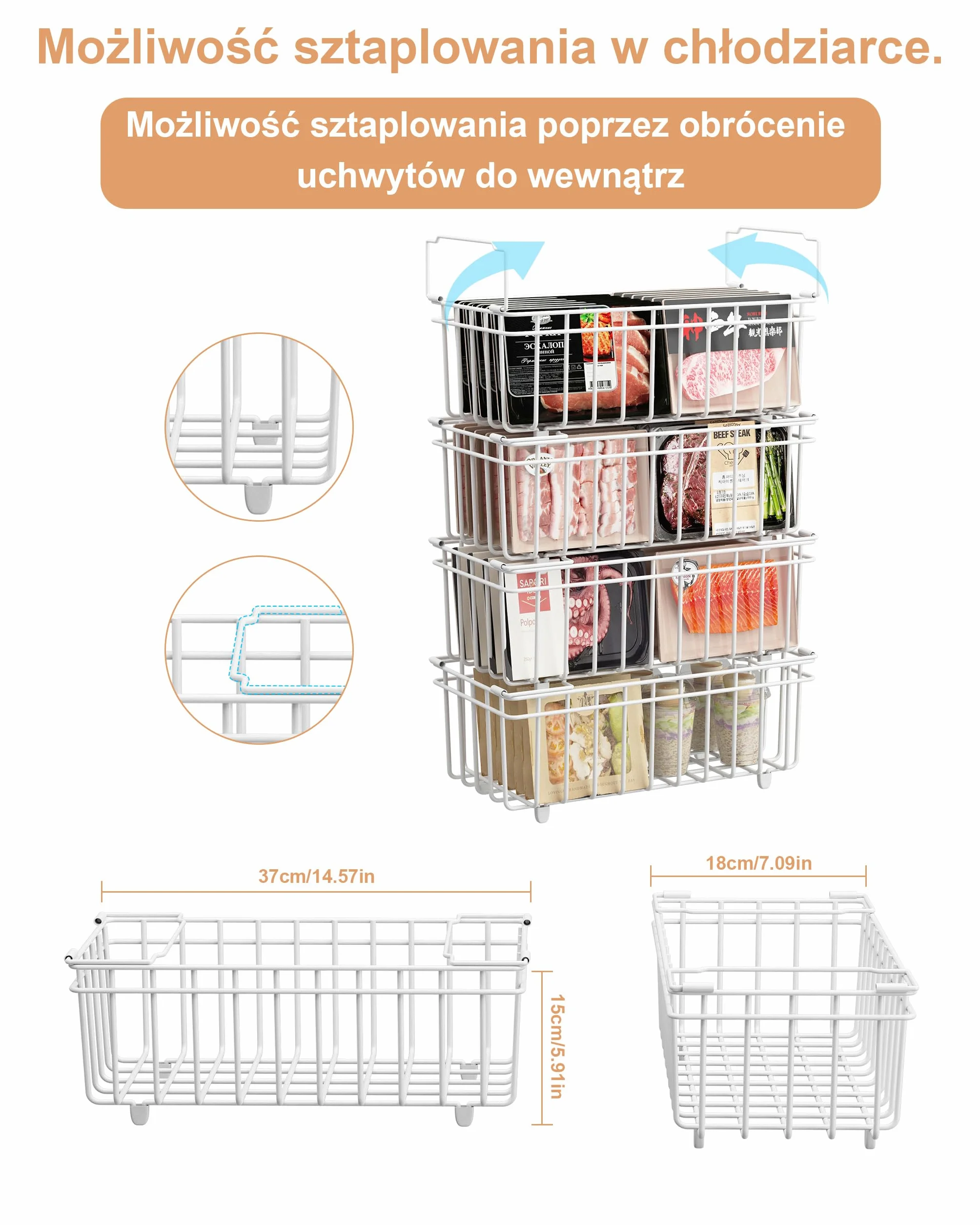 UMDONX 4-częściowy kosz do zamrażania, Biały, można układać w stos z uchwytem, łatwy dostęp, na mrożonki o pojemności 198 l, do organizacji mrożonych składników (37 x 18 x 15 cm)