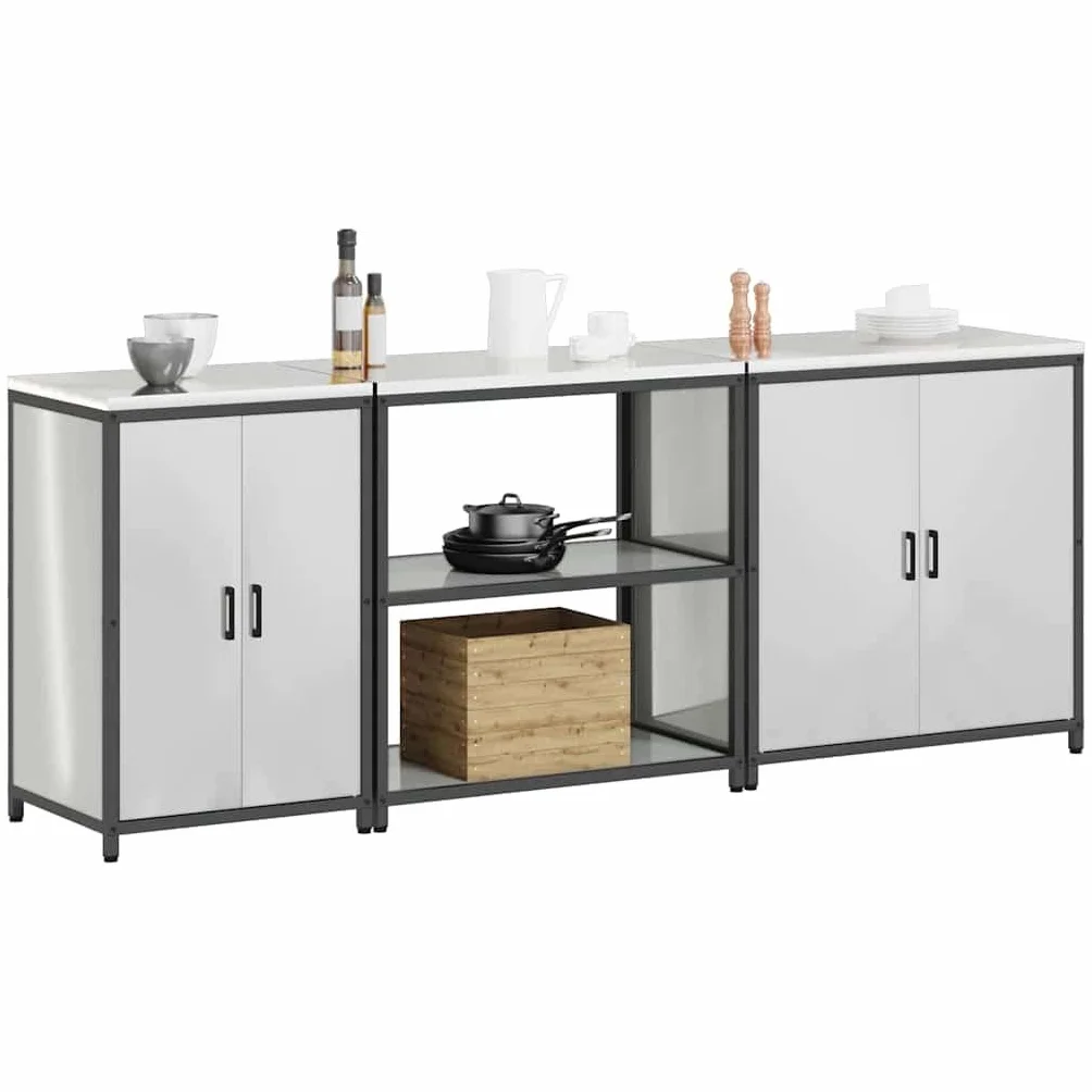 HATTEM zestaw do przechowywania kuchennego, 3 sztuki, srebrny | Stal ocynkowana, 4-drzwiowa, 6 półek, 90 x 50 x 92 cm, 60 x 50 x 92 cm