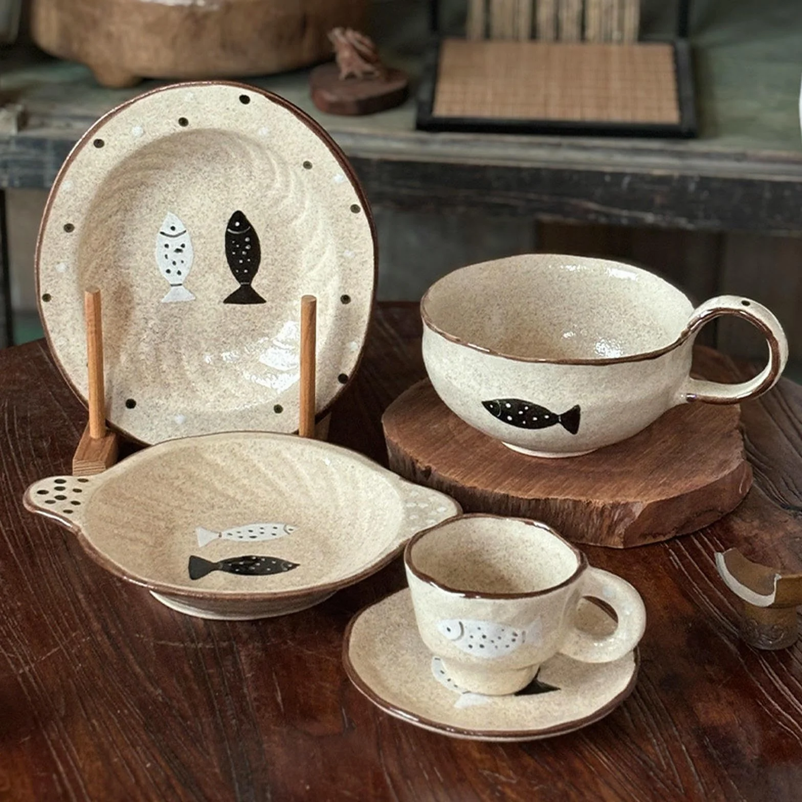 Kolor podszkliwny retro mała ryba zastawa stołowa domowe śniadanie ceramiczne płatki owsiane -23,4 cm płyta obuuszna