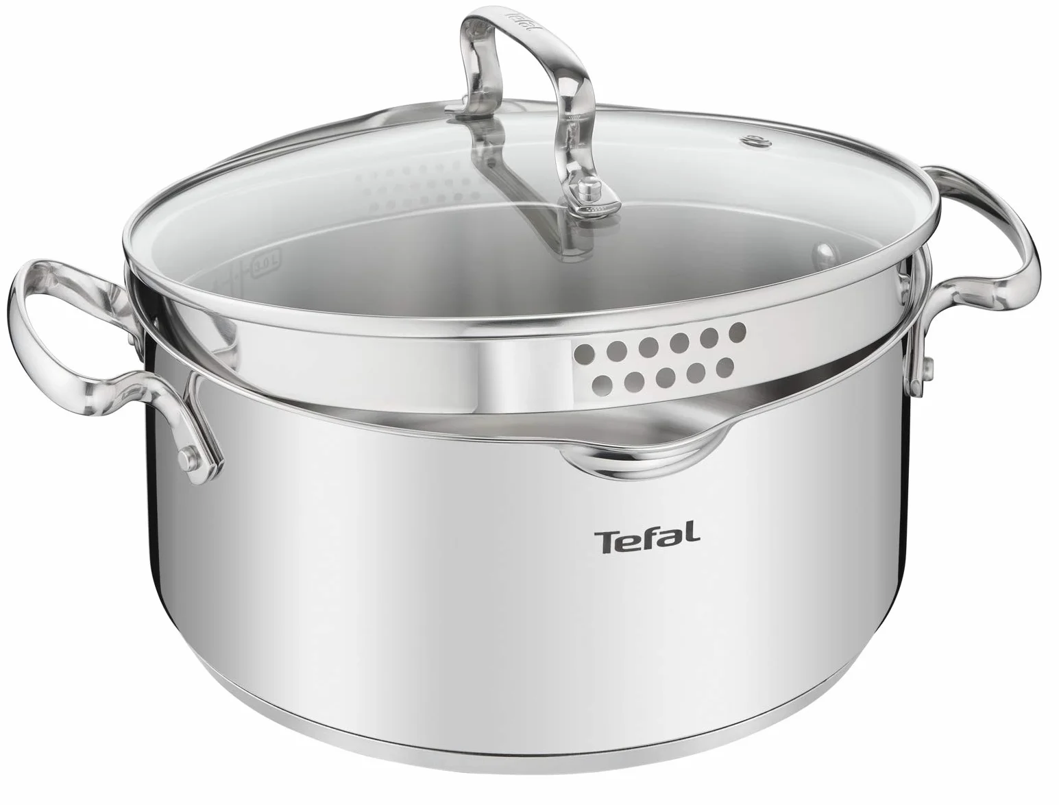 TEFAL Duetto+ G719S734 Zestaw garnków stalowych 7-elementowy: Garnek z pokrywką do odcedzania 5L, 2,9L, 2L, rondel 1,5L, Pokrywki z otworami do odcedzania