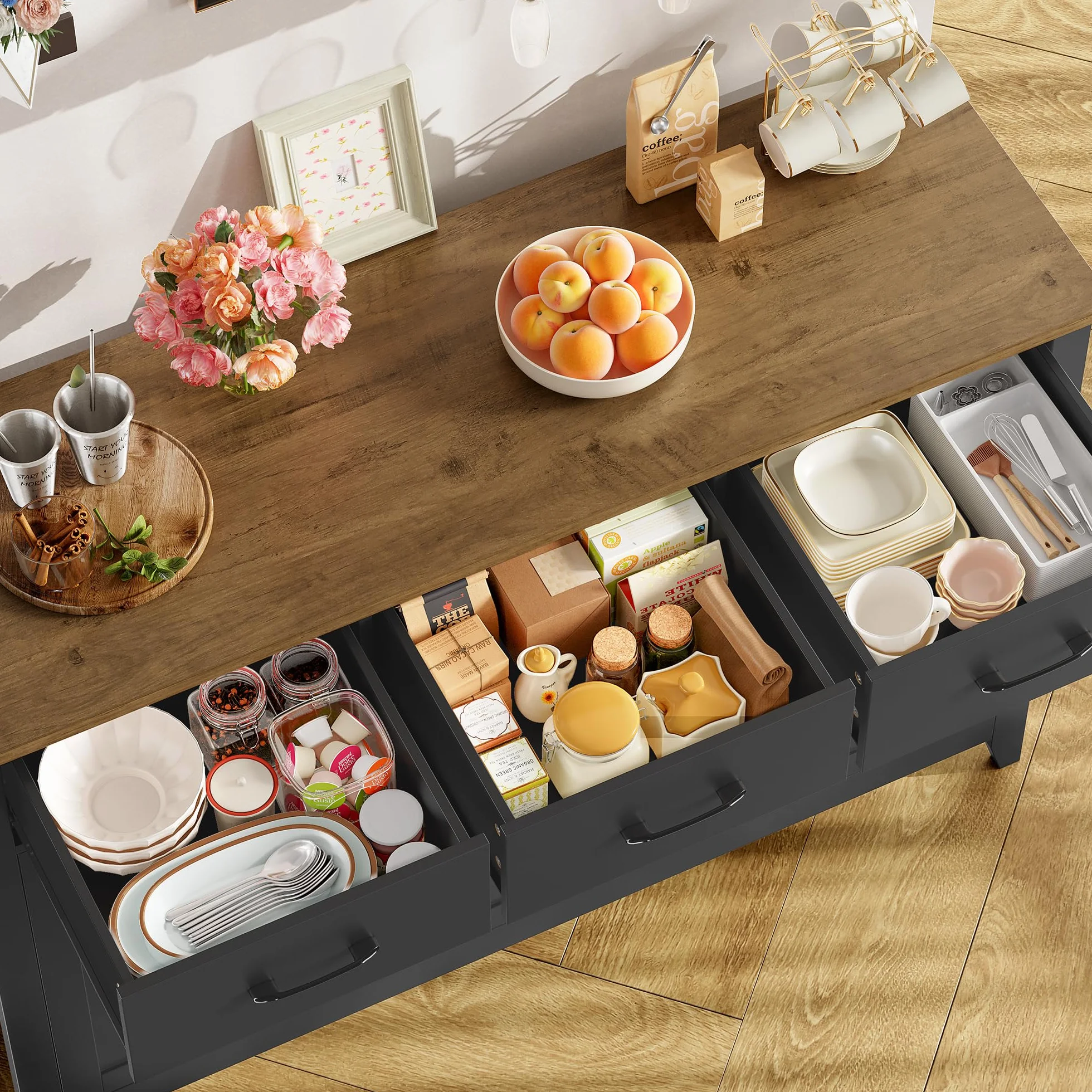 HOCSOK Kredens kuchenny z blatem roboczym, szafka kuchenna z 3 szufladami, 3 drzwiami, 1 półką stałą i 1 regulowaną półką, do kuchni, salonu, jadalni, 120 x 40 x 85 cm (czarny)